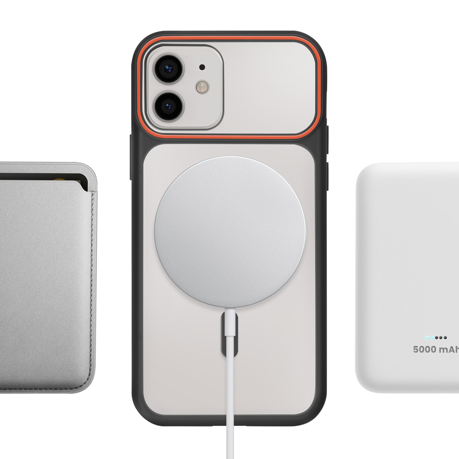 Un iPhone con caricatore MagSafe, una custodia e un portacarte accanto.