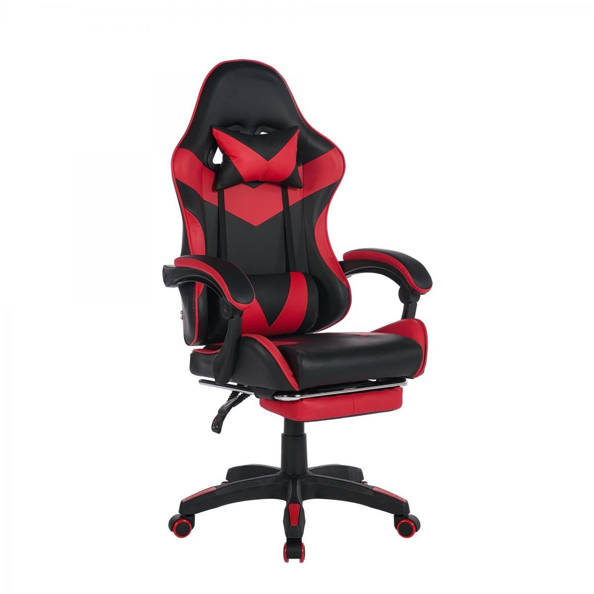 Ein roter und schwarzer Gaming-Stuhl mit ausziehbarer Fußstütze.