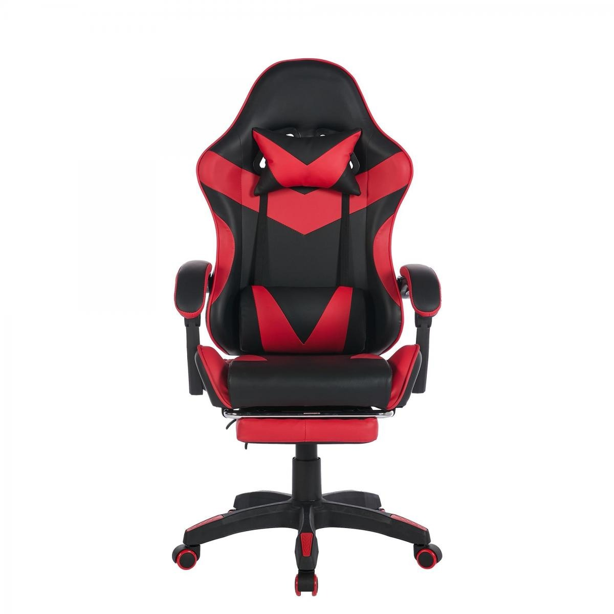 Ein roter und schwarzer Gaming-Stuhl mit Fußstütze und Kissen.