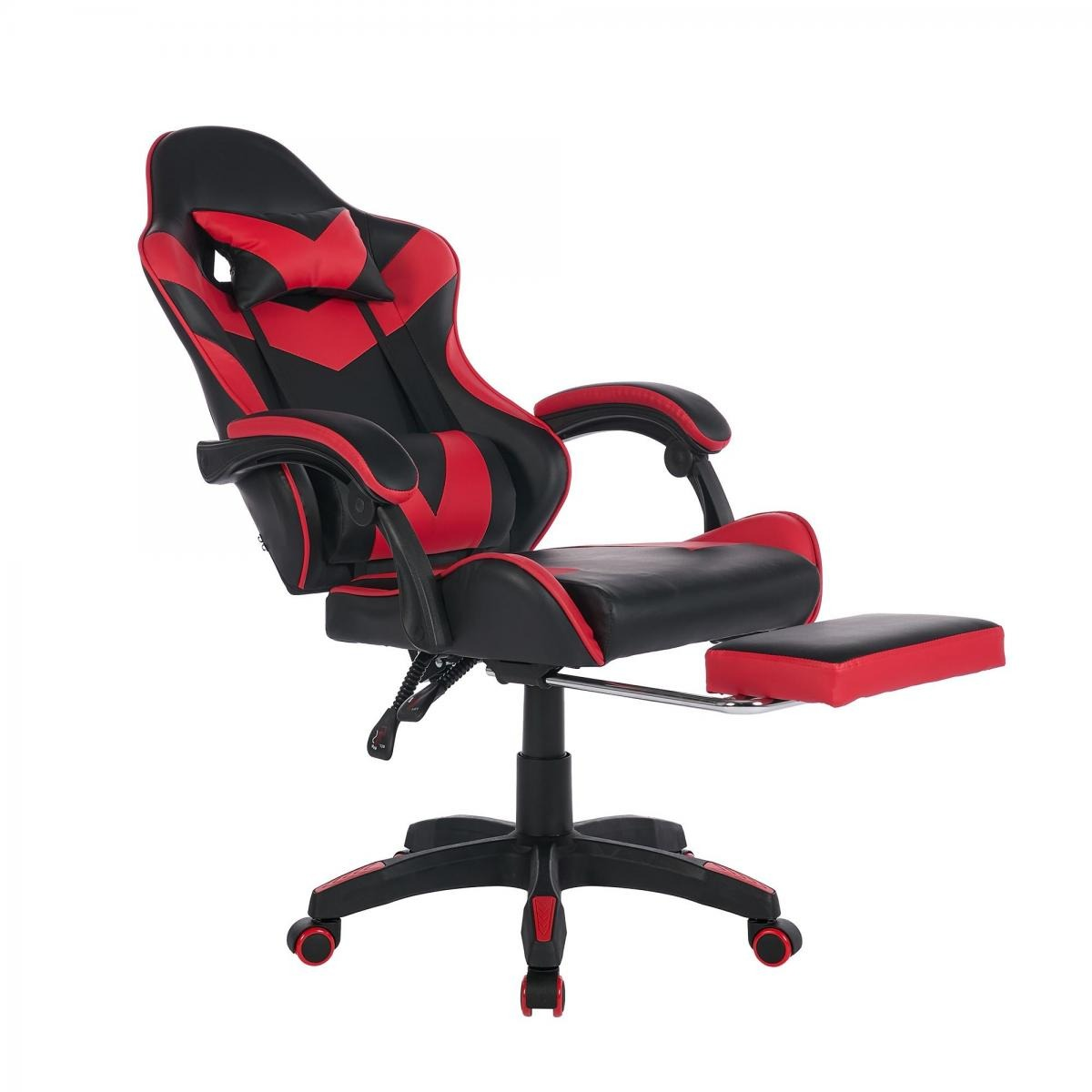 Ein schwarzer und roter Gaming-Stuhl mit ausziehbarer Fußstütze auf weißem Hintergrund.