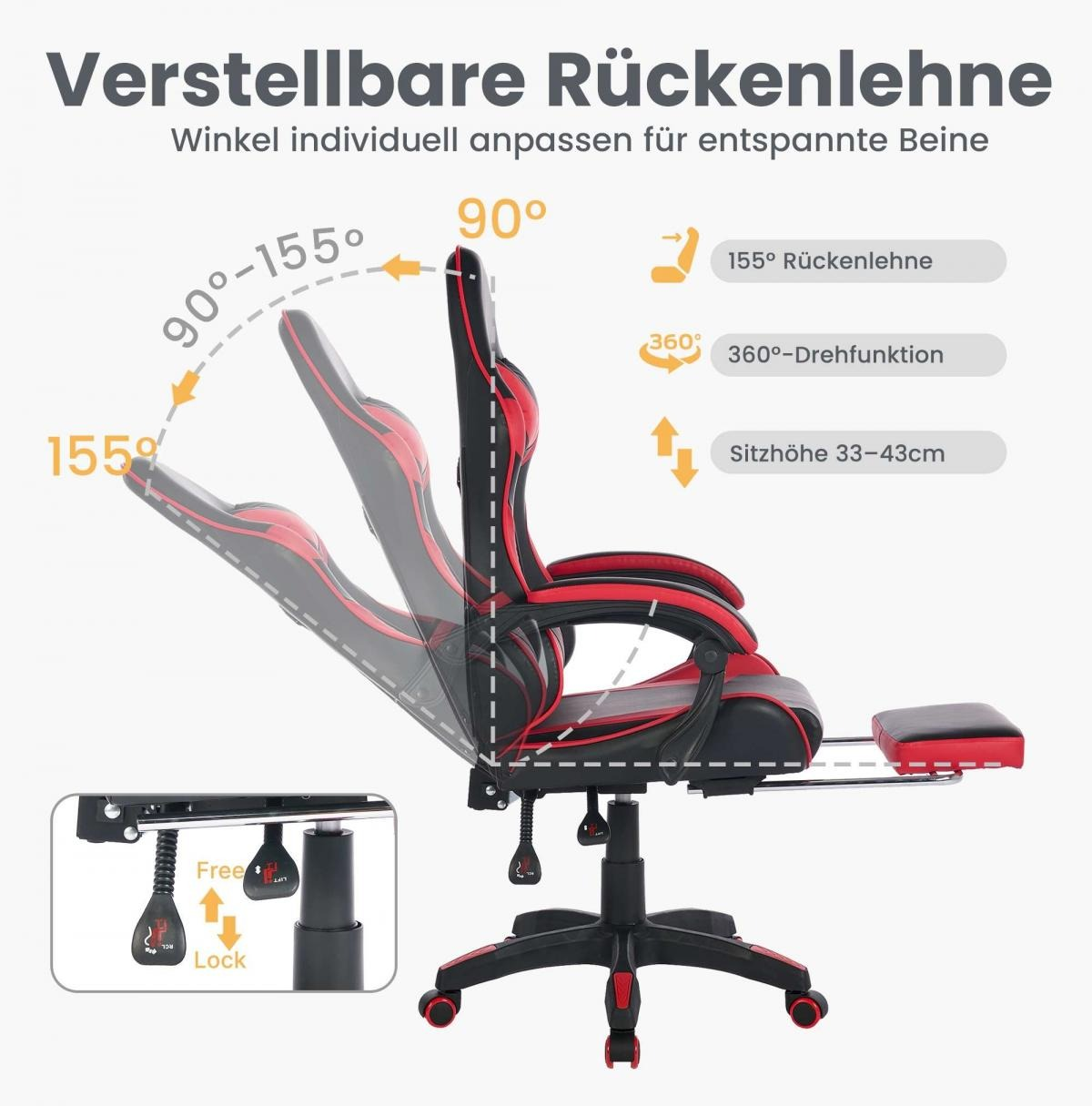 Ein roter und schwarzer Gaming-Stuhl mit verstellbarer Rückenlehne von 90° bis 155°.