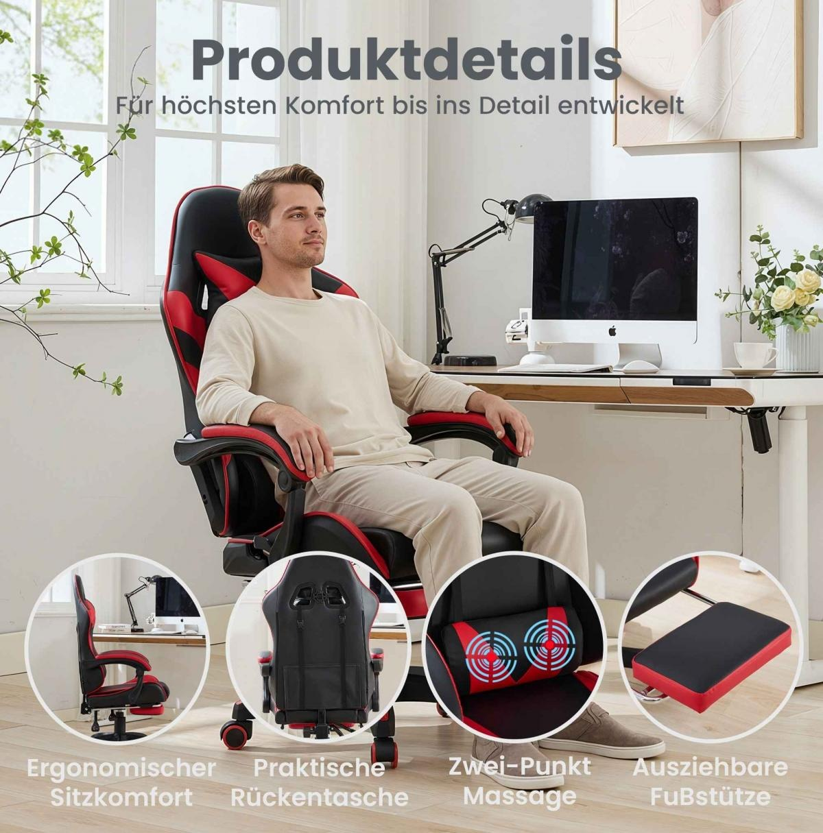 Mann sitzt in einem roten und schwarzen Gaming-Stuhl mit ausziehbarer Fußstütze.