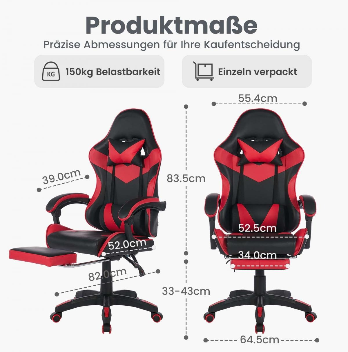Gamingstuhl in Rot und Schwarz mit Maßen und Belastbarkeit.