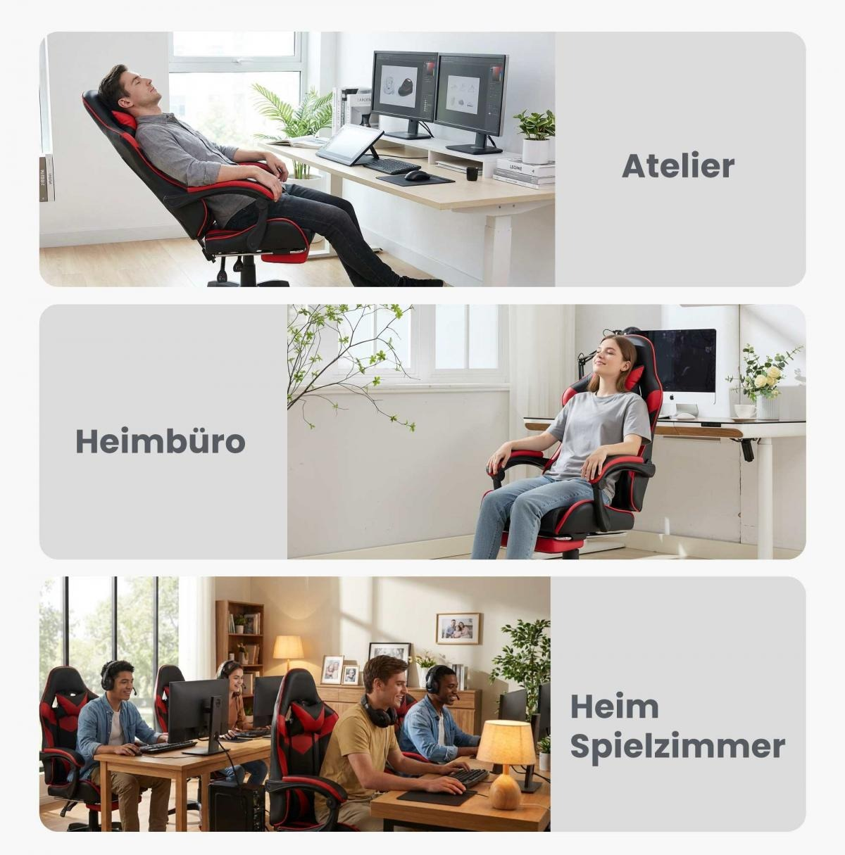 Mann entspannt in einem Gaming-Stuhl vor zwei Monitoren, Frau im Stuhl, Leute spielen.