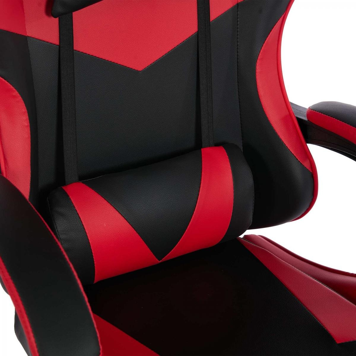 Ein schwarzer und roter Gaming-Stuhl mit Nackenkissen.