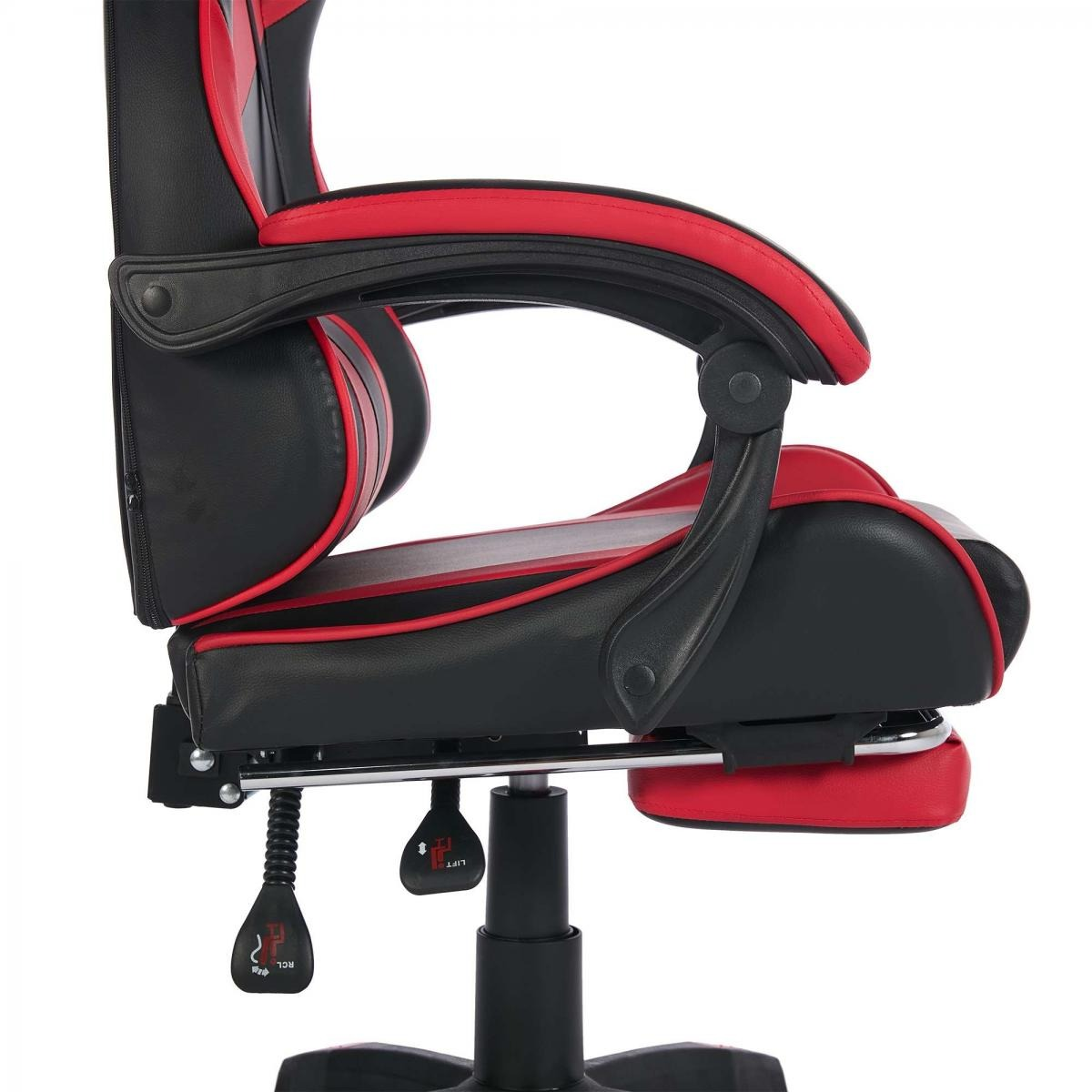 Schwarzer und roter Gaming-Stuhl mit verstellbaren Hebeln.