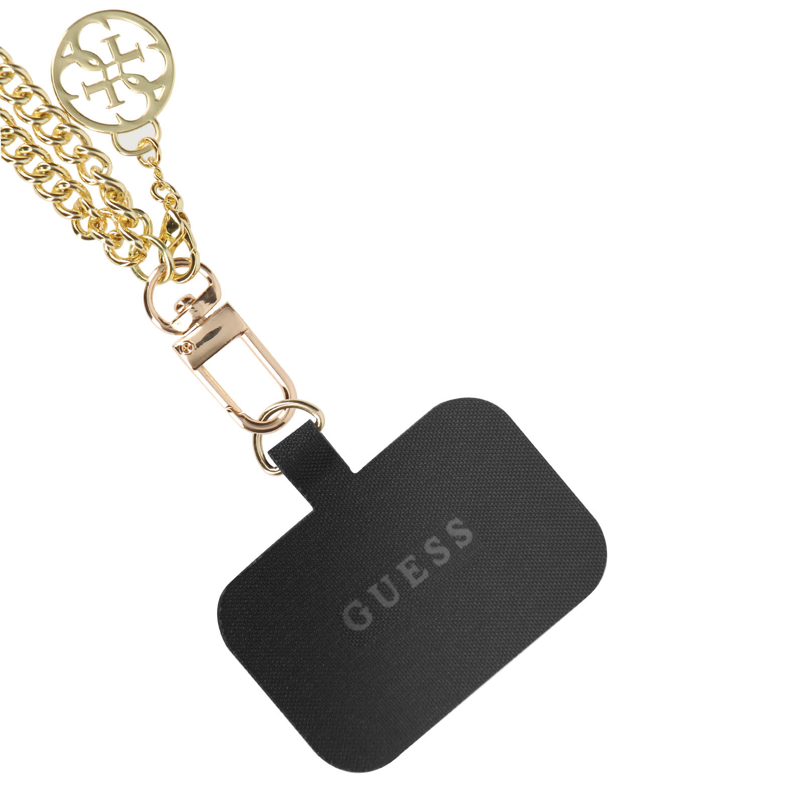 Goldene Kette mit GUESS-Logo und schwarzem Anhänger.
