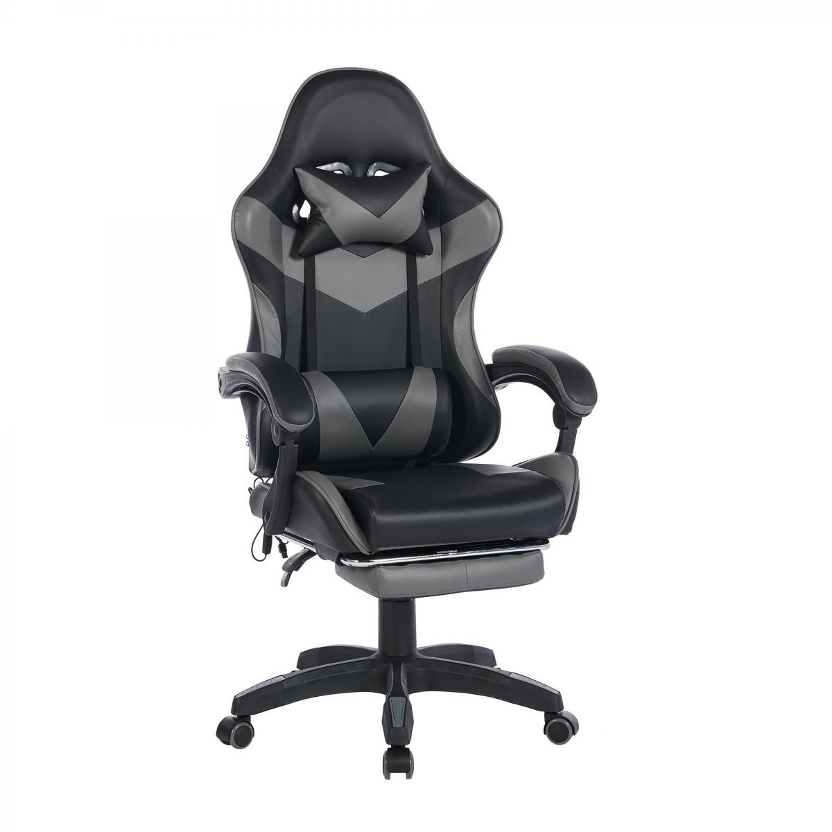 Ein schwarzer und grauer Gaming-Stuhl mit verstellbarer Rückenlehne und Fußstütze.