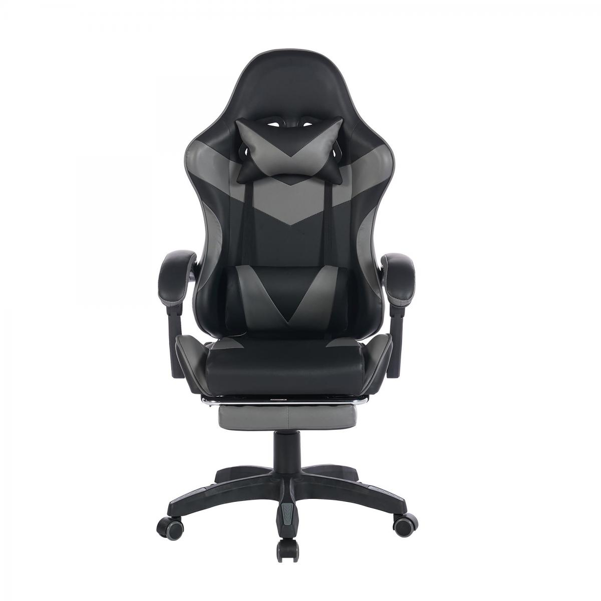 Ein schwarzer und grauer Gaming-Stuhl mit Fußstütze und Kissen.