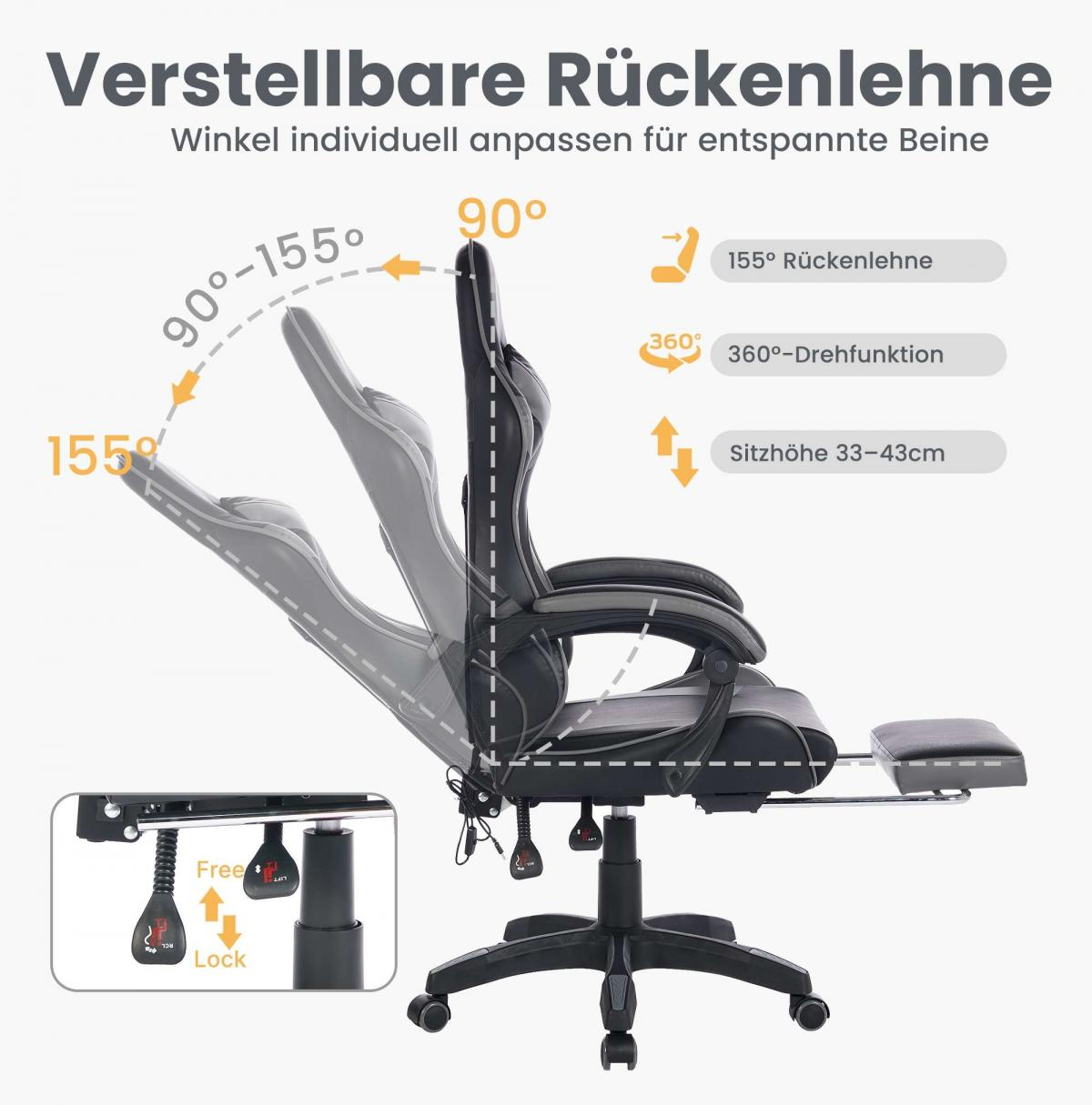 Schwarzer Bürostuhl mit verstellbarer Rückenlehne (90°-155°), 360° Drehung und Sitzhöhenverstellung.