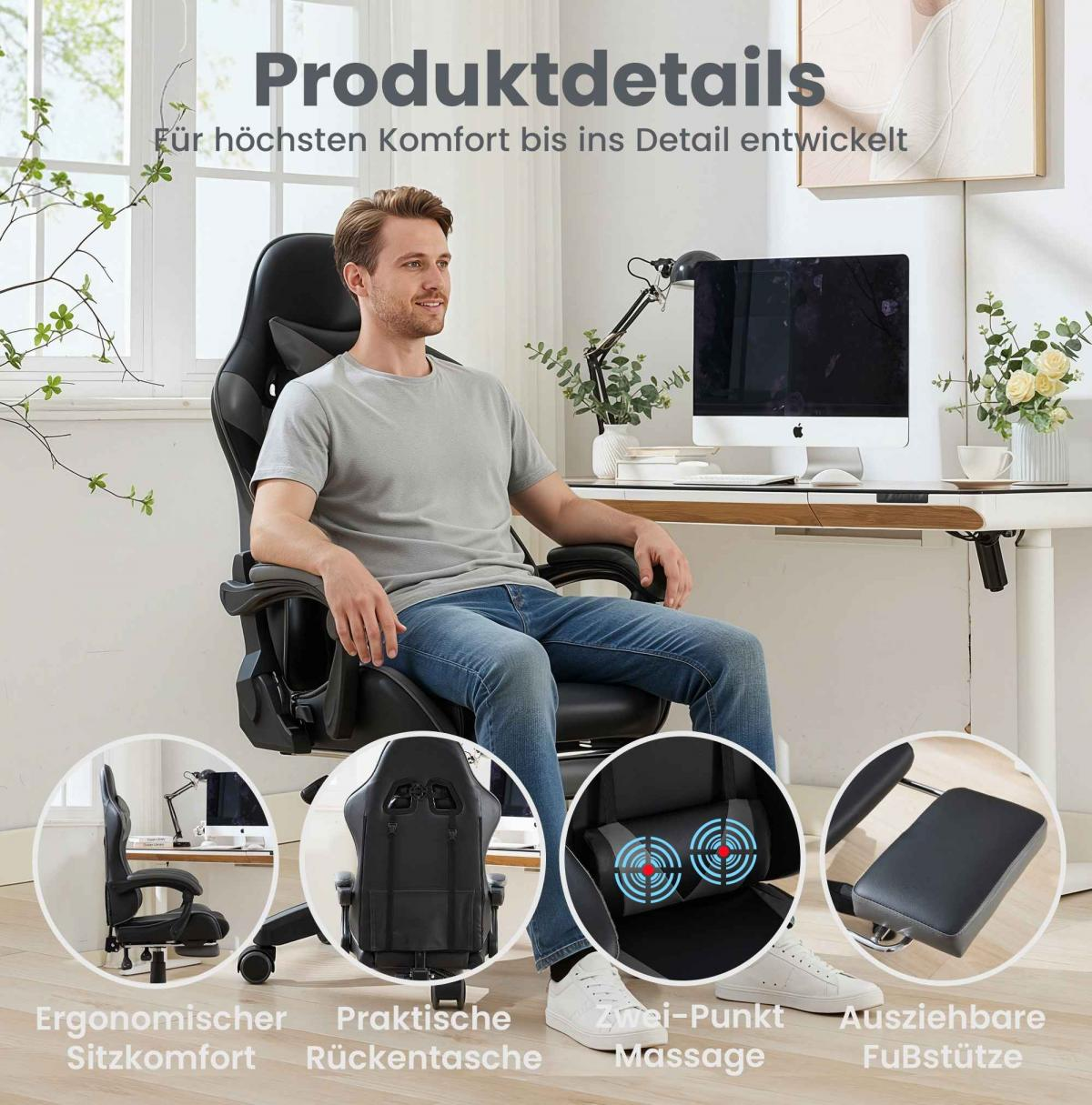 Mann sitzt in einem Bürostuhl. Details zeigen Ergonomie, Tasche, Massage u. Fußstütze.