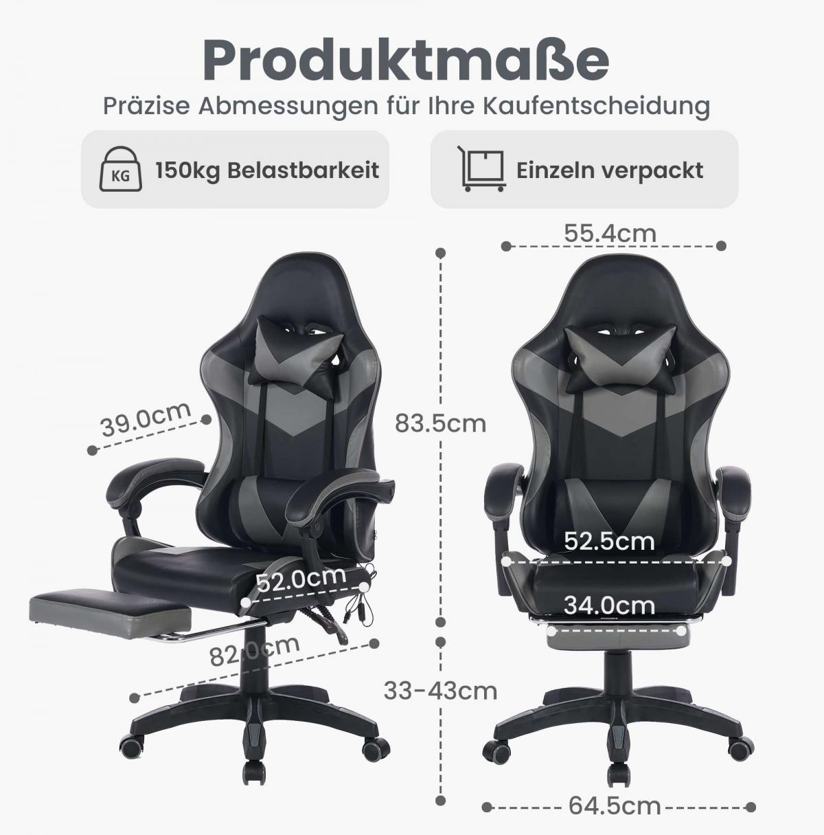 Gamingstuhl mit Maßen: 150kg Traglast, 39cm, 52cm, 82cm, 33-43cm Sitzhöhe, 55.4cm Breite.