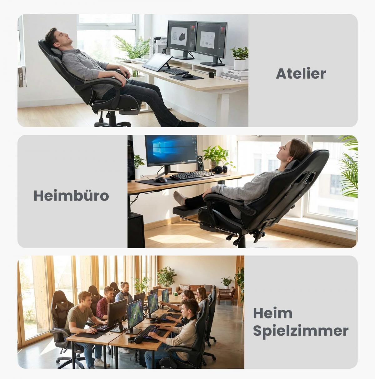 Mann im Atelier, Frau im Homeoffice, Leute im Gaming-Raum.