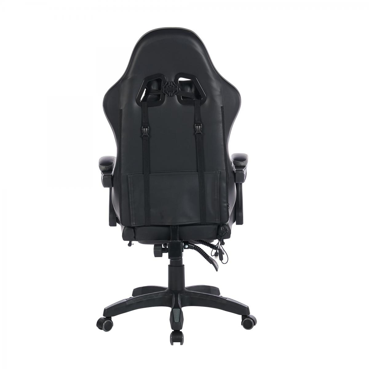 Schwarzer Gamingstuhl von hinten mit verstellbaren Gurten und Rädern.