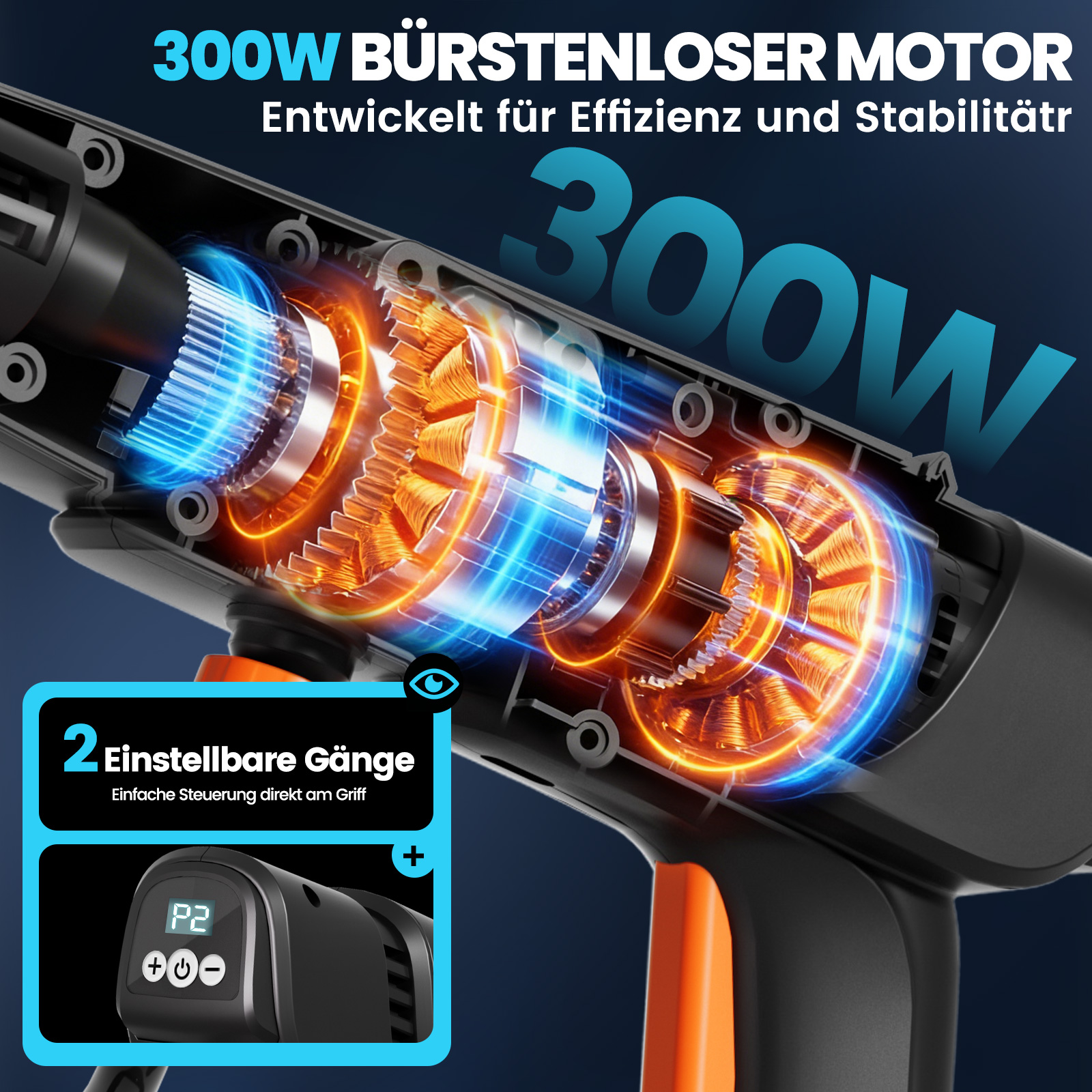 Ein 300W bürstenloser Motor mit leuchtenden Teilen und ein Display mit Gängen.