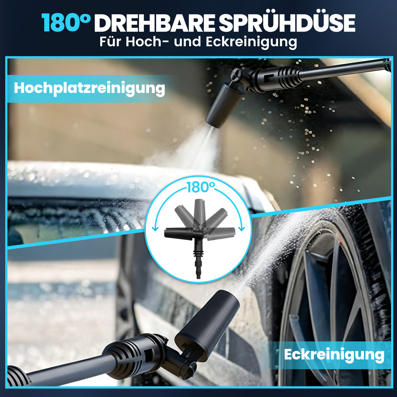 Ein Hochdruckreiniger reinigt ein Auto, mit Fokus auf die drehbare Sprühdüse.