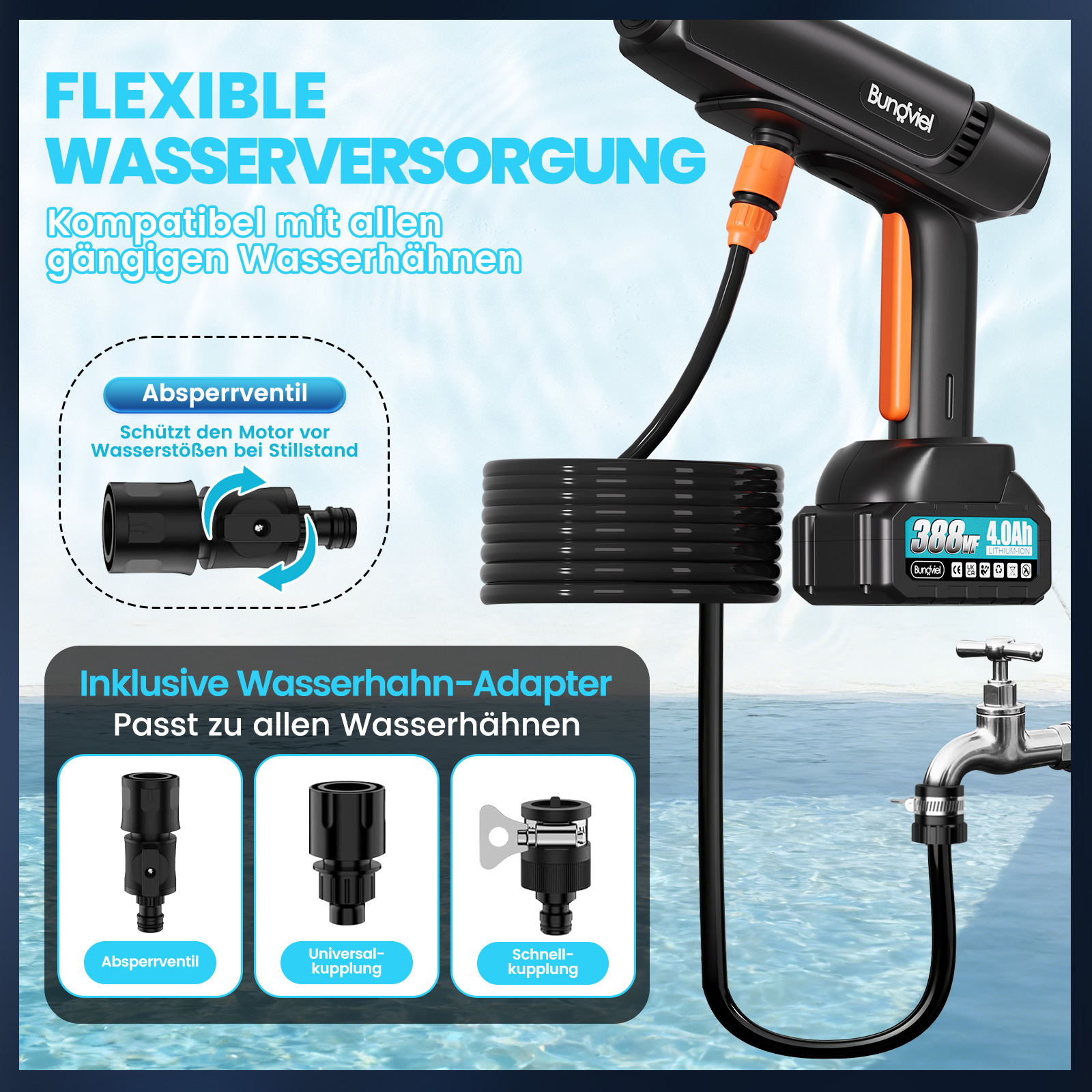 Schwarzer Akku-Schlagschrauber mit Wasserschlauch, Hahn-Adapter und Ventil.