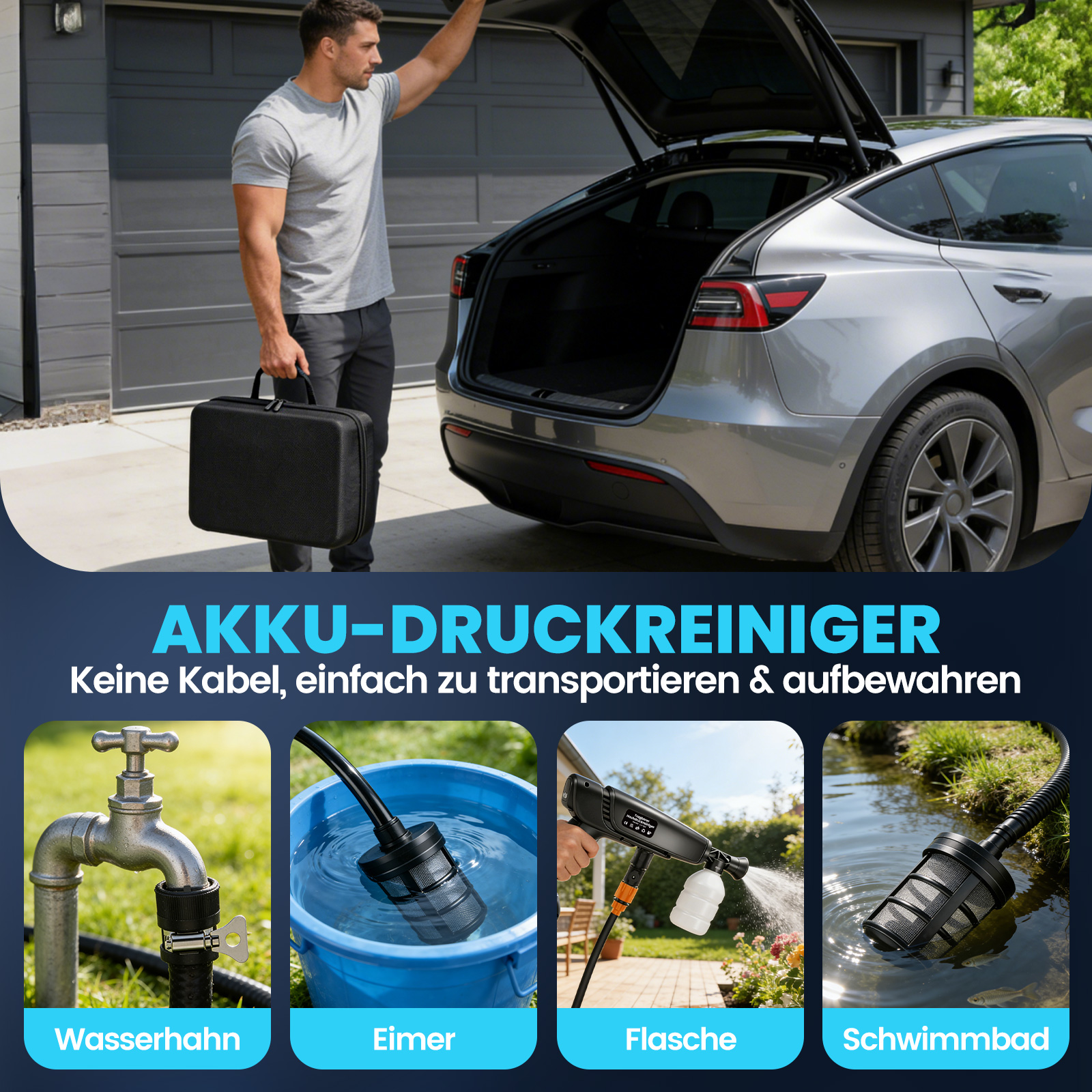 Mann packt Koffer neben Tesla. Unten: Wasserhahn, Eimer, Flasche, Schwimmbad.