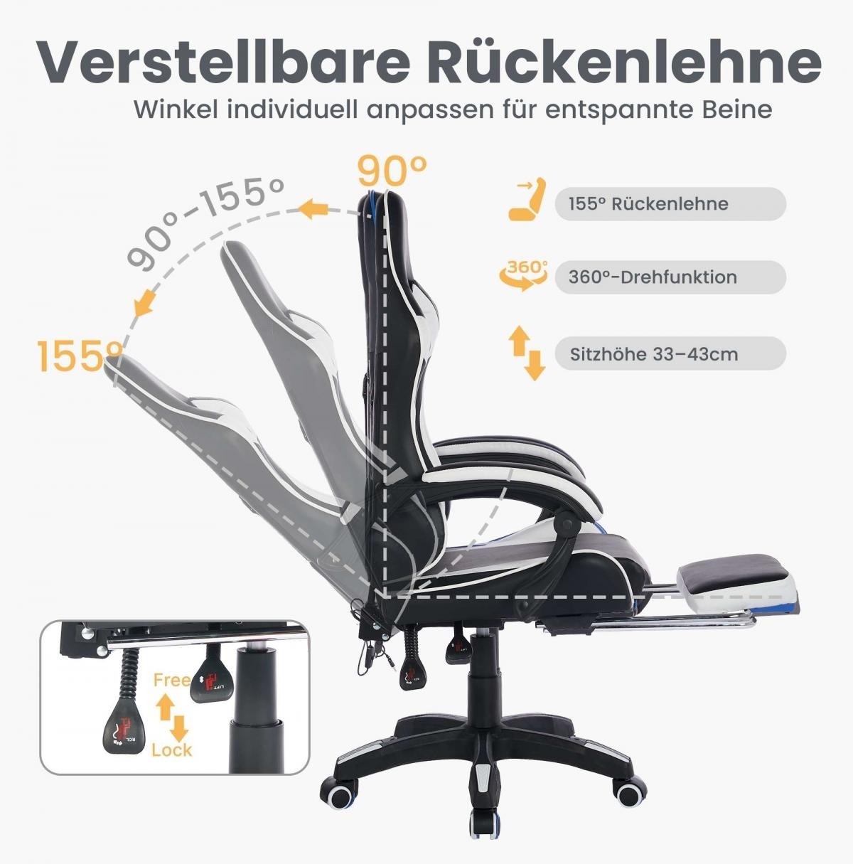 Schwarzer Bürostuhl mit verstellbarer Rückenlehne (90°-155°), Fußstütze und Höhenverstellung.