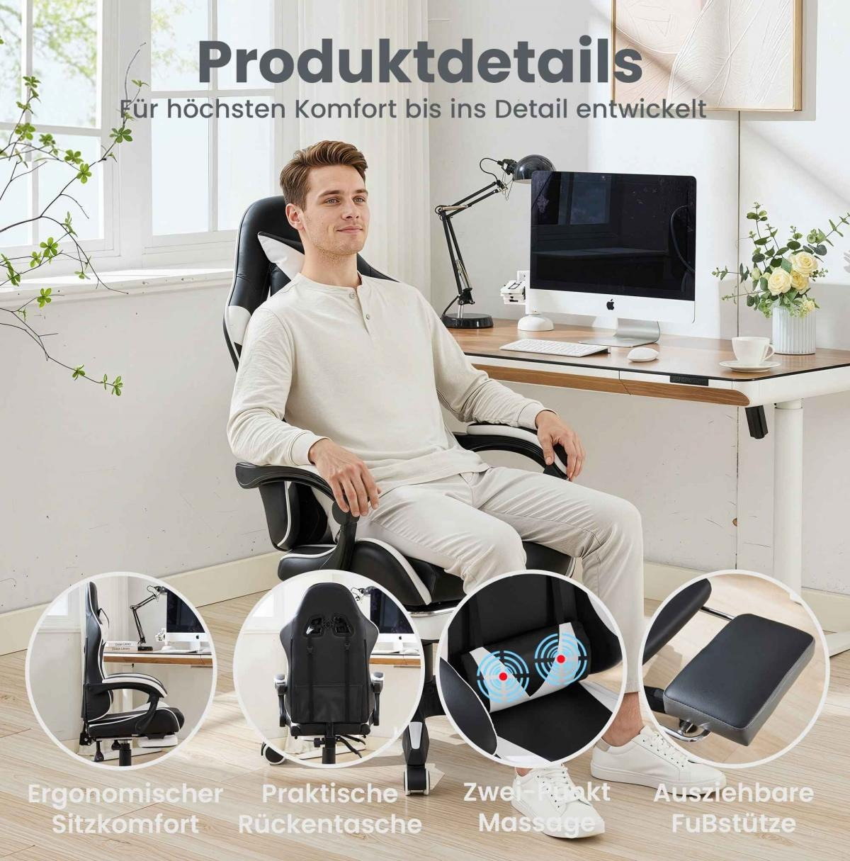 Mann sitzt in einem Gaming-Stuhl mit vier Detailbildern, die Ergonomie, Rückentasche, Massage und Fußstütze zeigen.