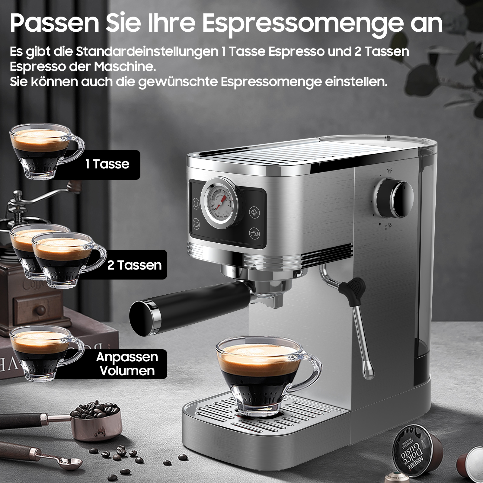Edelstahl-Espressomaschine mit Tassen, Kaffeebohnen und Text. 1 Tasse, 2 Tassen.