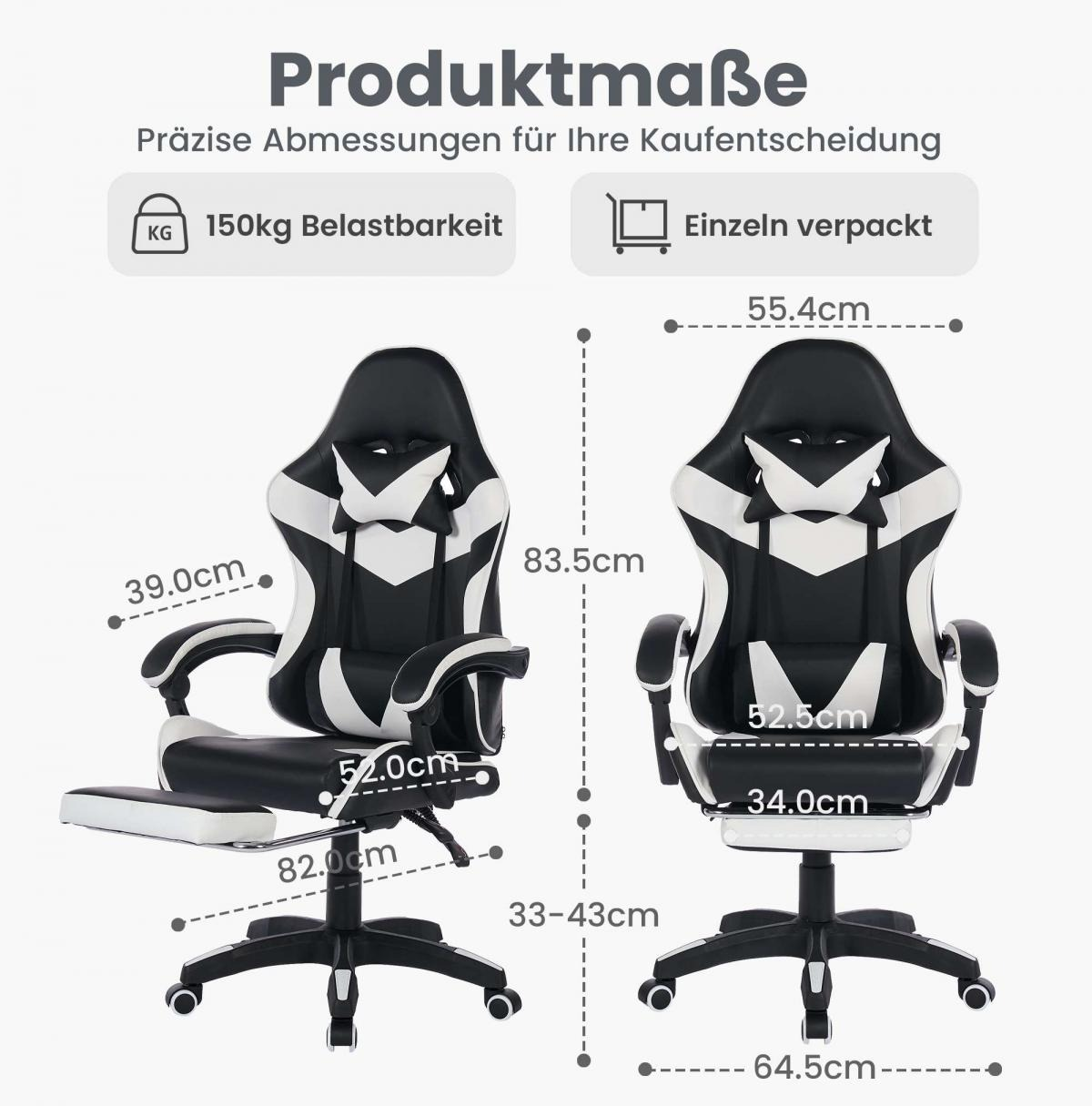 Zwei schwarz-weiße Gaming-Stühle mit Maßangaben: 150kg Tragkraft, einzeln verpackt.