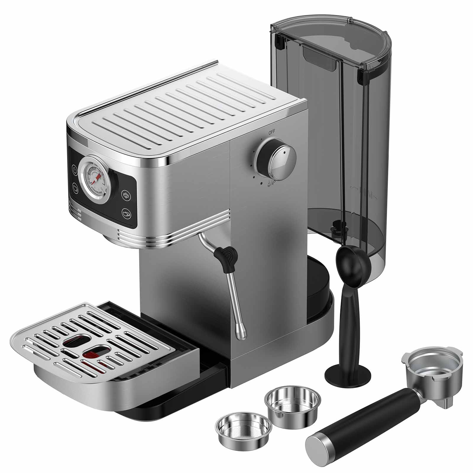 Silberne Espressomaschine mit Wassertank, Siebträger und Löffel.