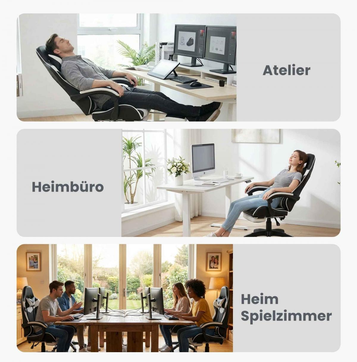 Mann entspannt in einem Gamingstuhl am Schreibtisch, Frau sitzt im Stuhl, Leute spielen am Computer.