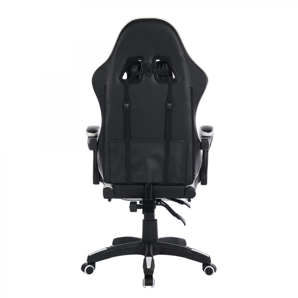 Rückansicht eines schwarzen Gaming-Stuhls mit weißer Umrandung, verstellbaren Gurten und Rollen.