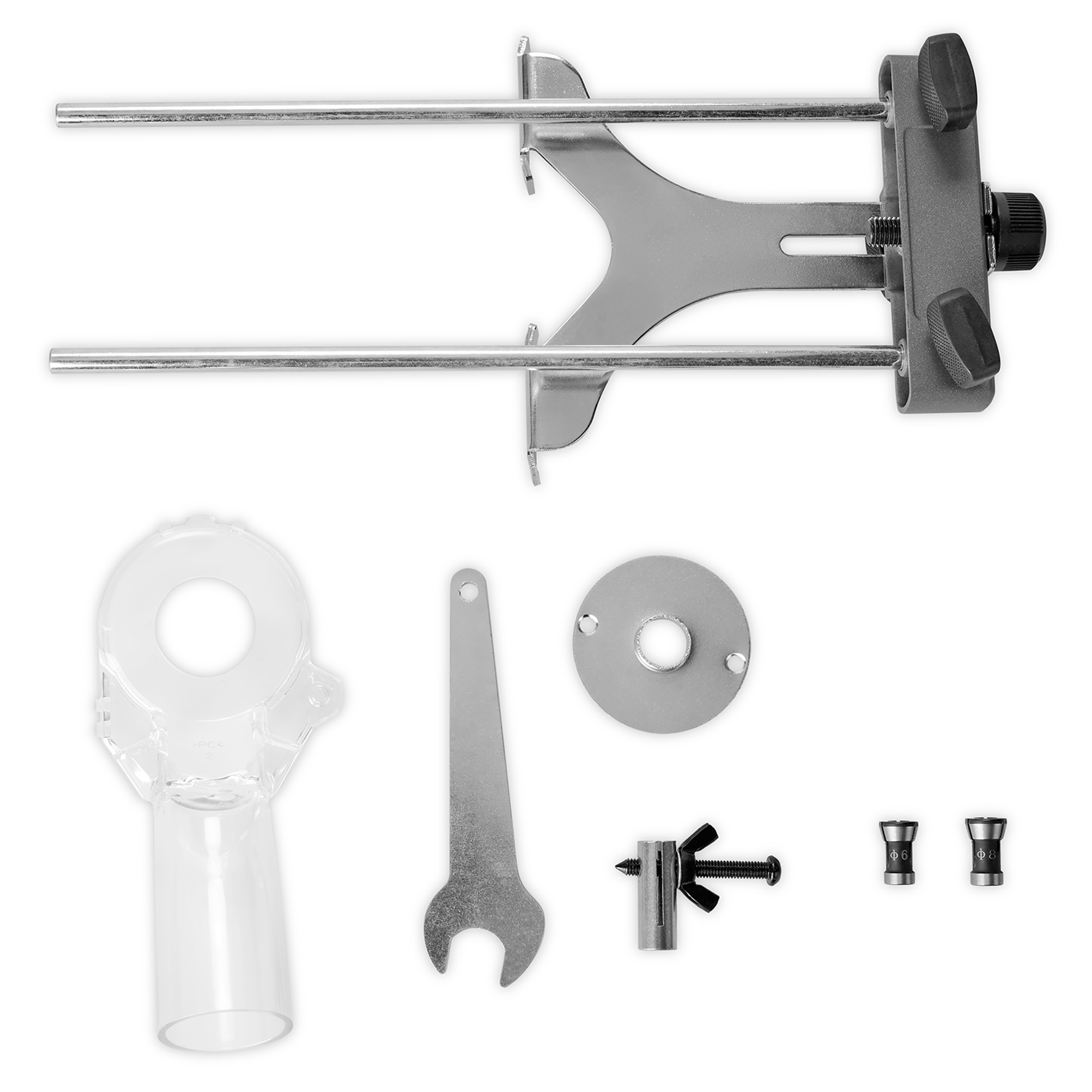 Werkzeugteile: Metallstangen, Klemmen, Schrauben, Schlüssel und Spannhülsen.
