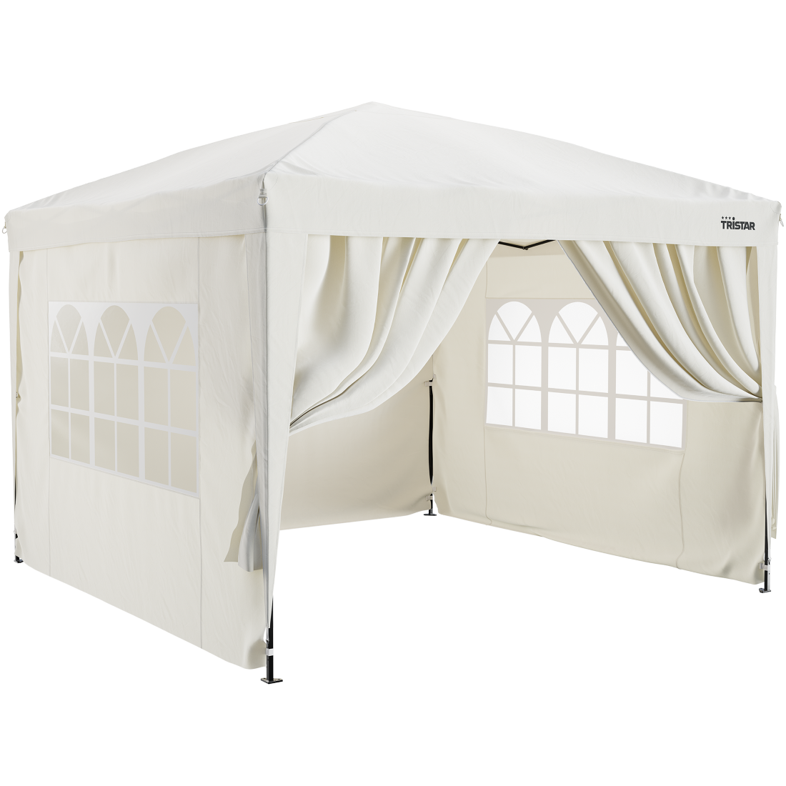 Una tenda color crema con finestre e tende.