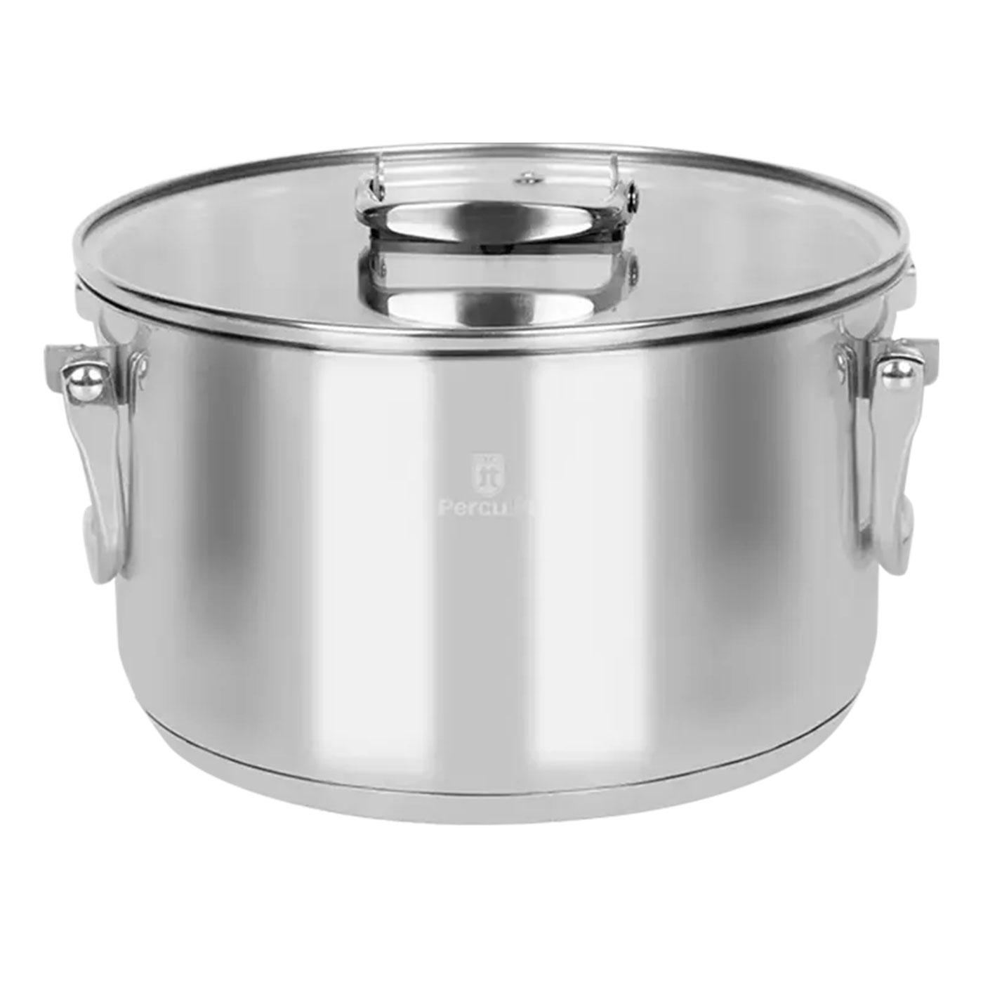 Una olla de metal brillante con tapa de cristal y dos asas.