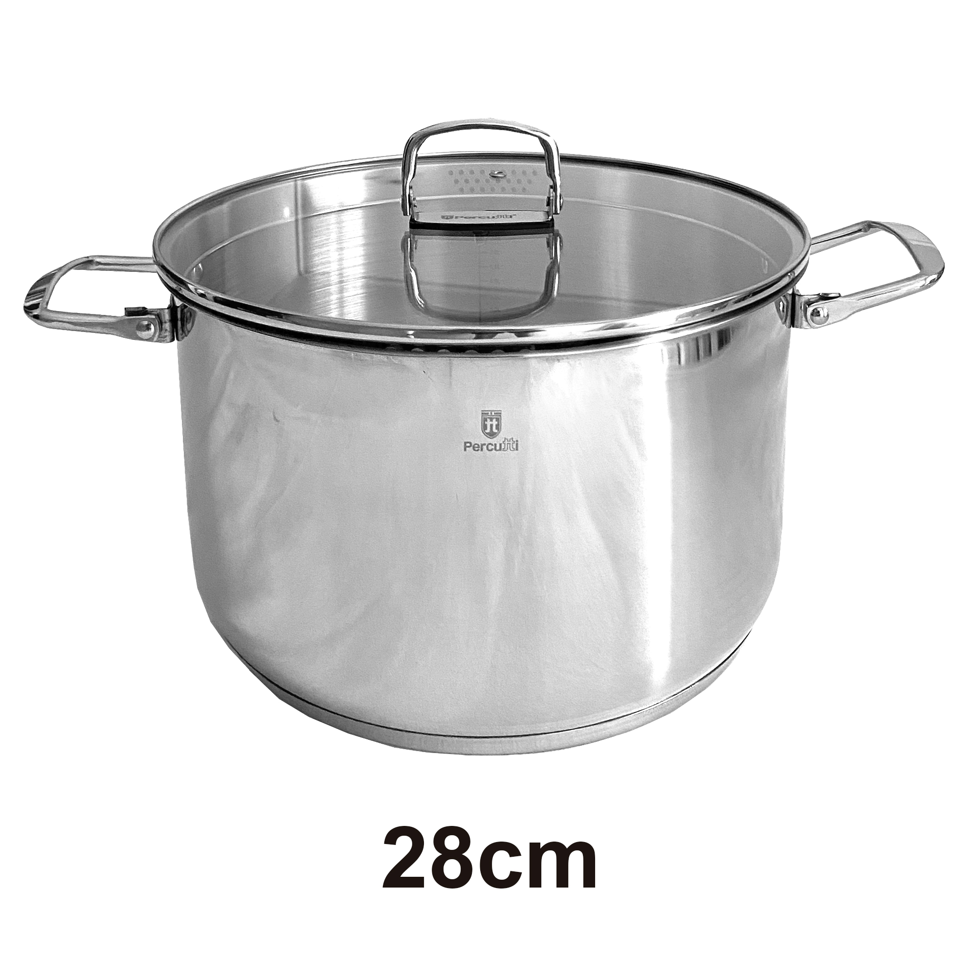 Olla de acero inoxidable con tapa y dos asas, 28cm de diámetro.