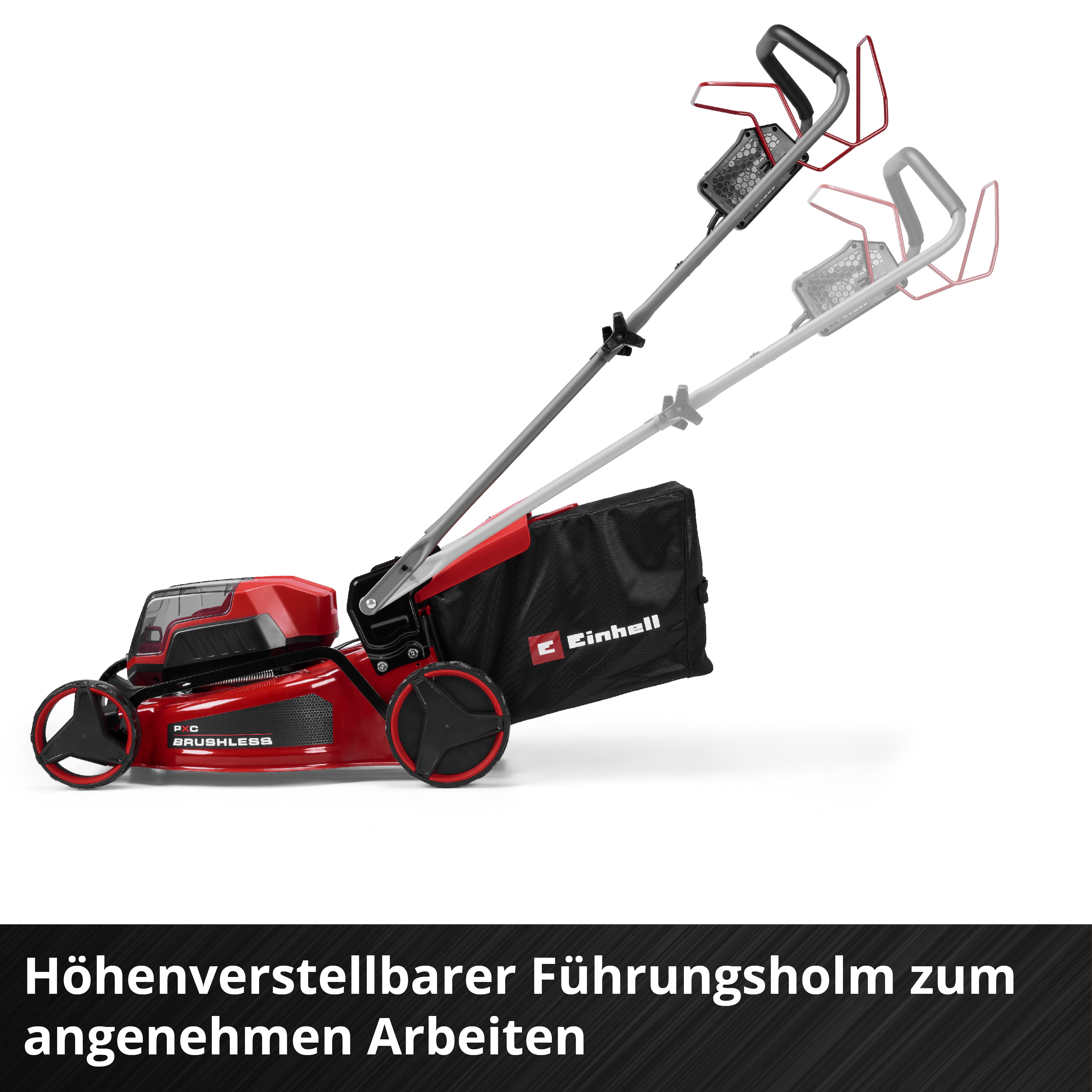 Ein roter Rasenmäher mit Fangkorb und höhenverstellbarem Holm.