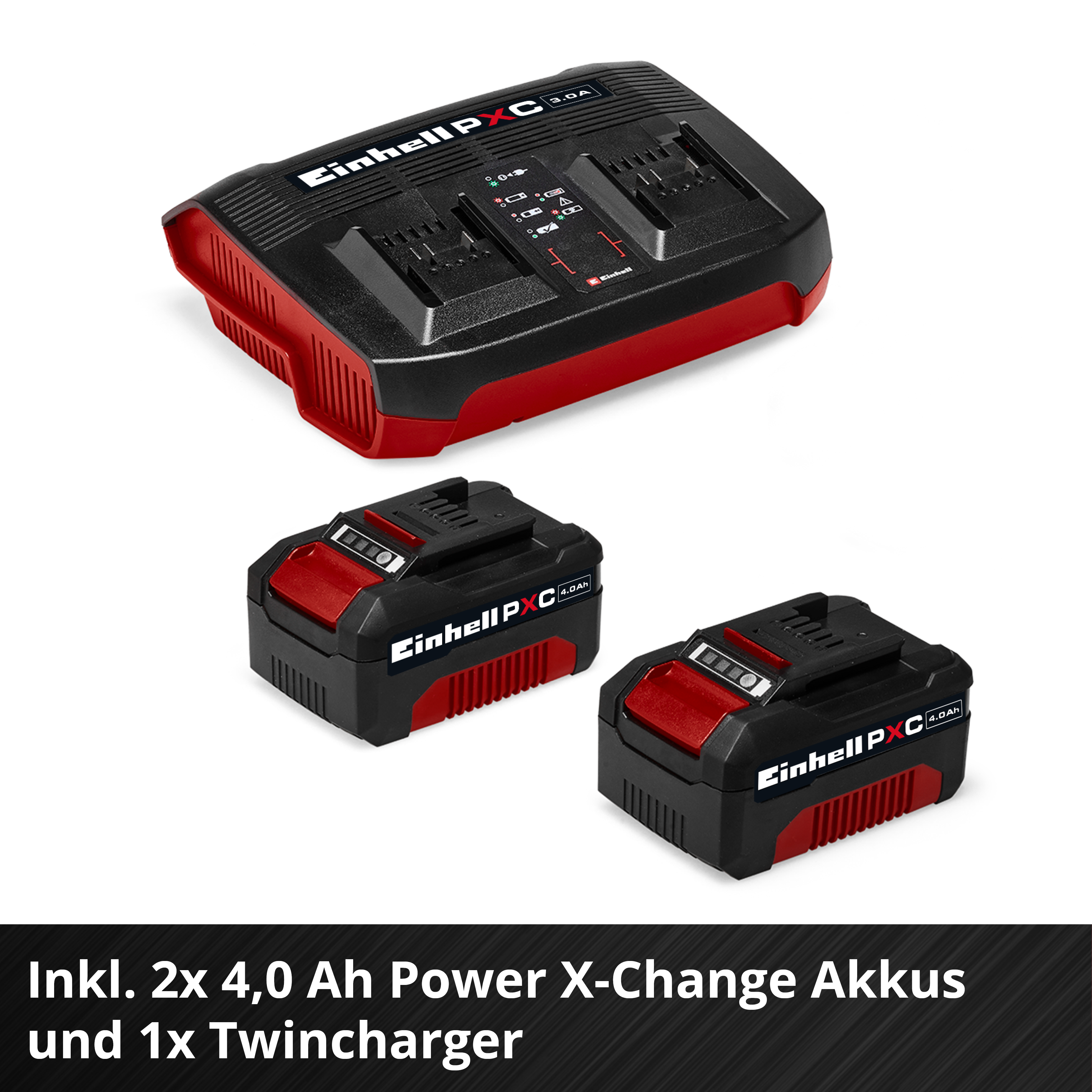 Ein schwarzer und roter Twincharger mit zwei schwarzen und roten Akkus.