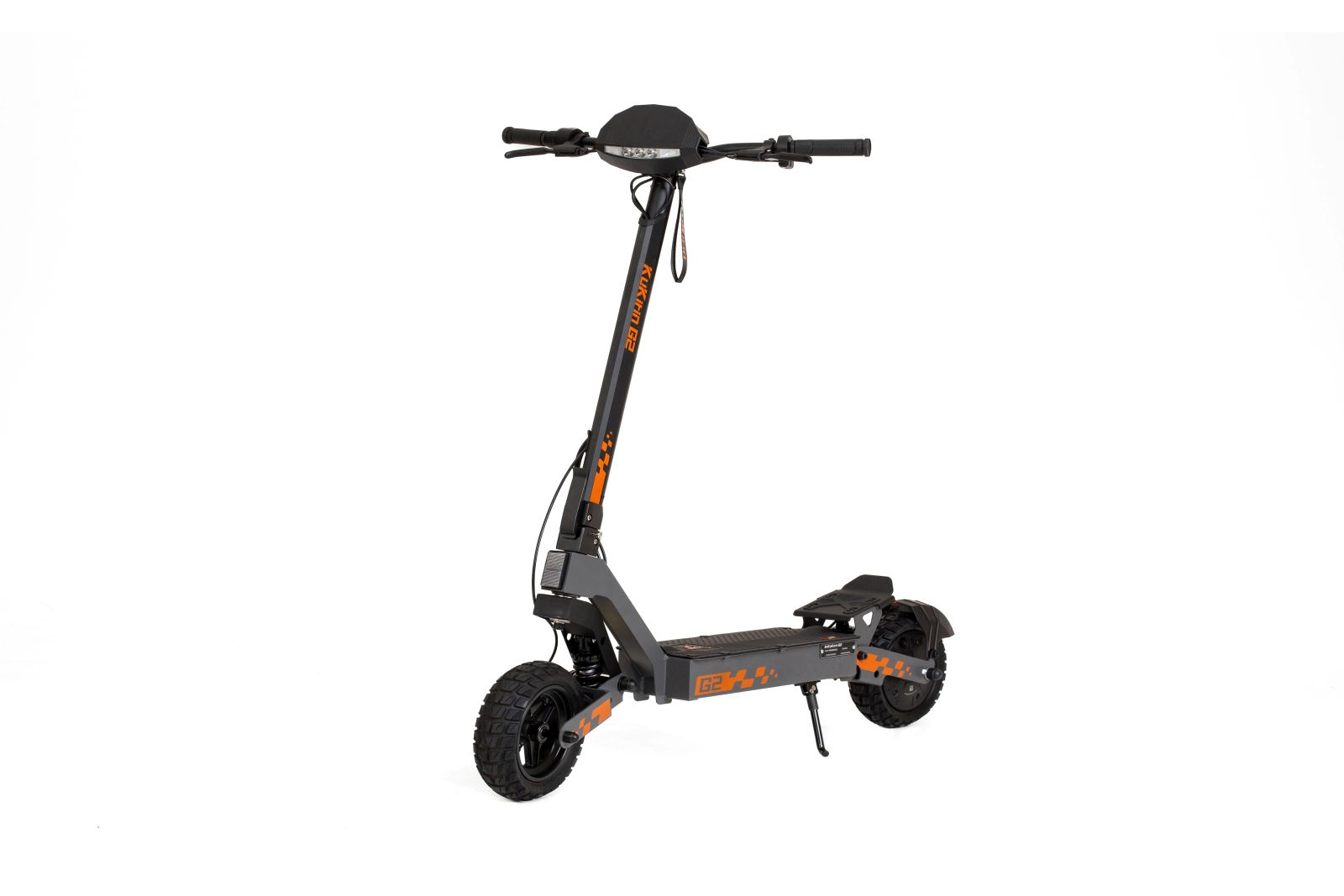 Grauer E-Scooter mit orangen Akzenten, Vorder- und Hinterrad, Lenker, und Trittbrett.