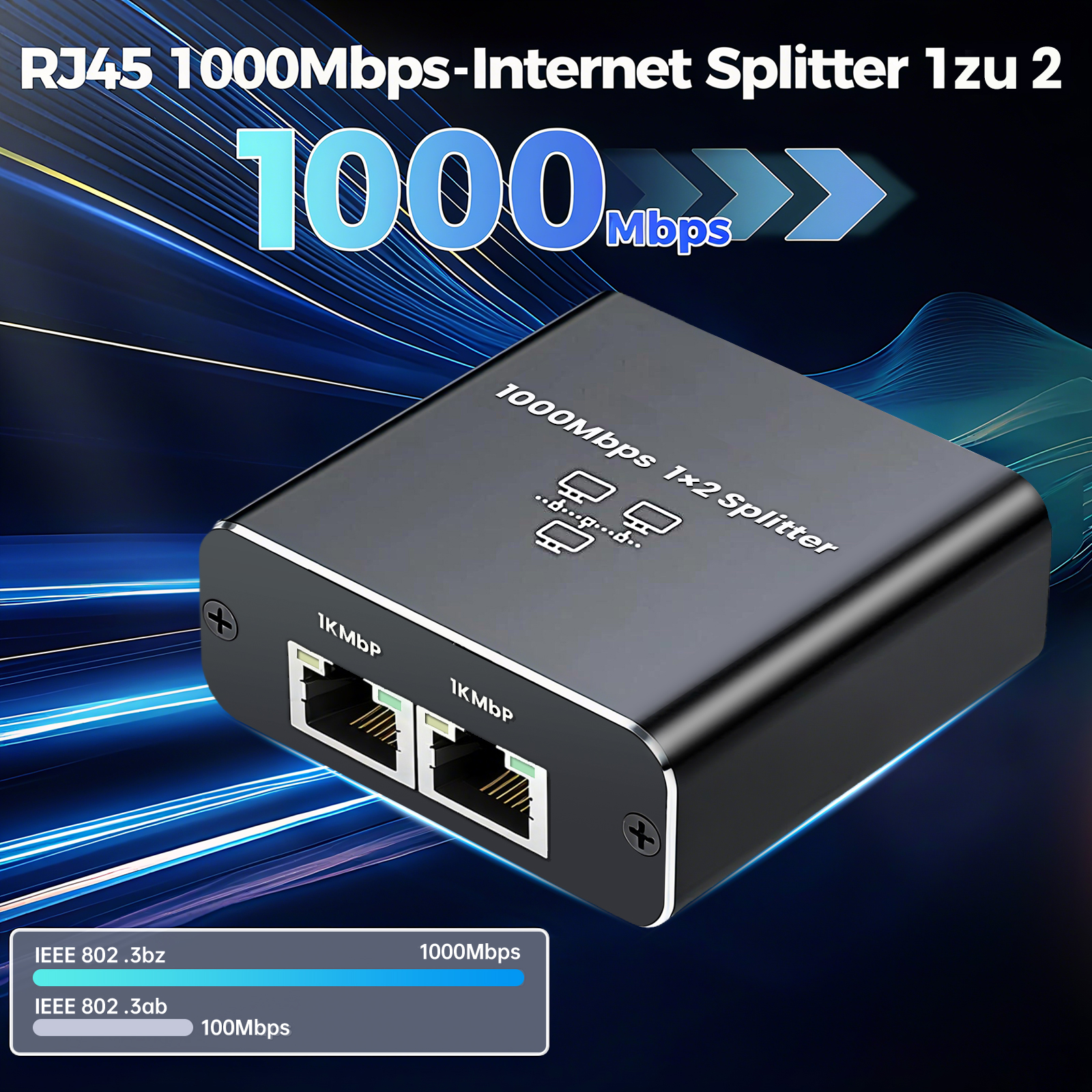 Schwarzer 1000-Mbit/s-Internet-Splitter mit zwei RJ45-Anschlüssen und blauer Hintergrundgrafik.