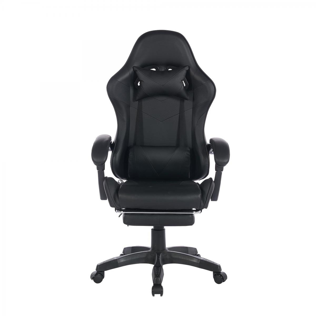 Ein schwarzer Gaming-Stuhl mit verstellbarer Kopfstütze und Lendenkissen.