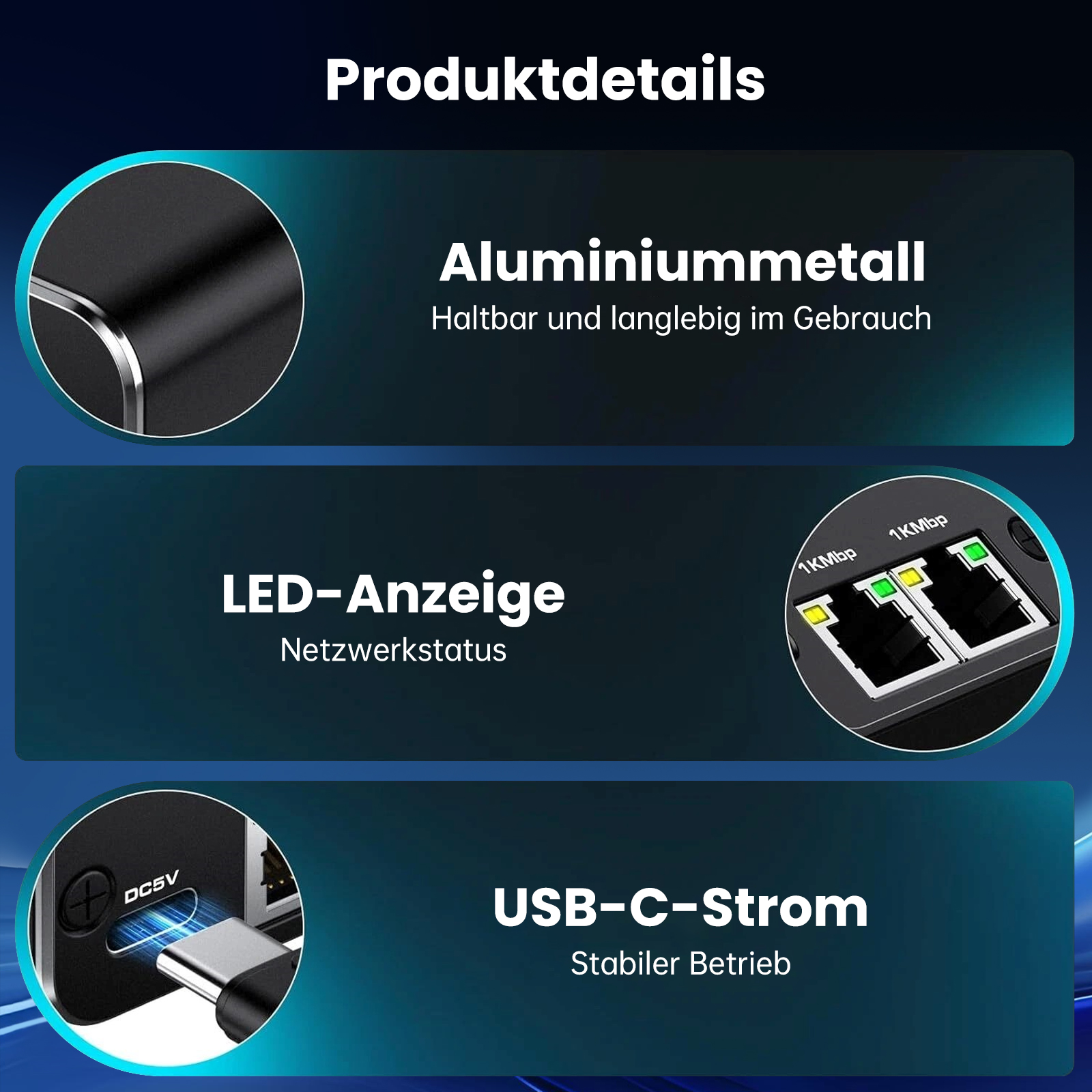 Produktdetails: Aluminiummetall, LED-Anzeige, USB-C-Strom.