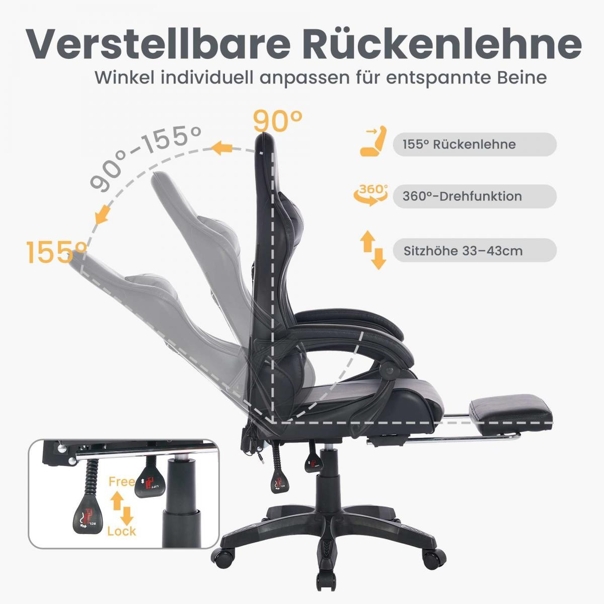 Schwarzer Bürostuhl mit verstellbarer Rückenlehne (90-155 Grad).