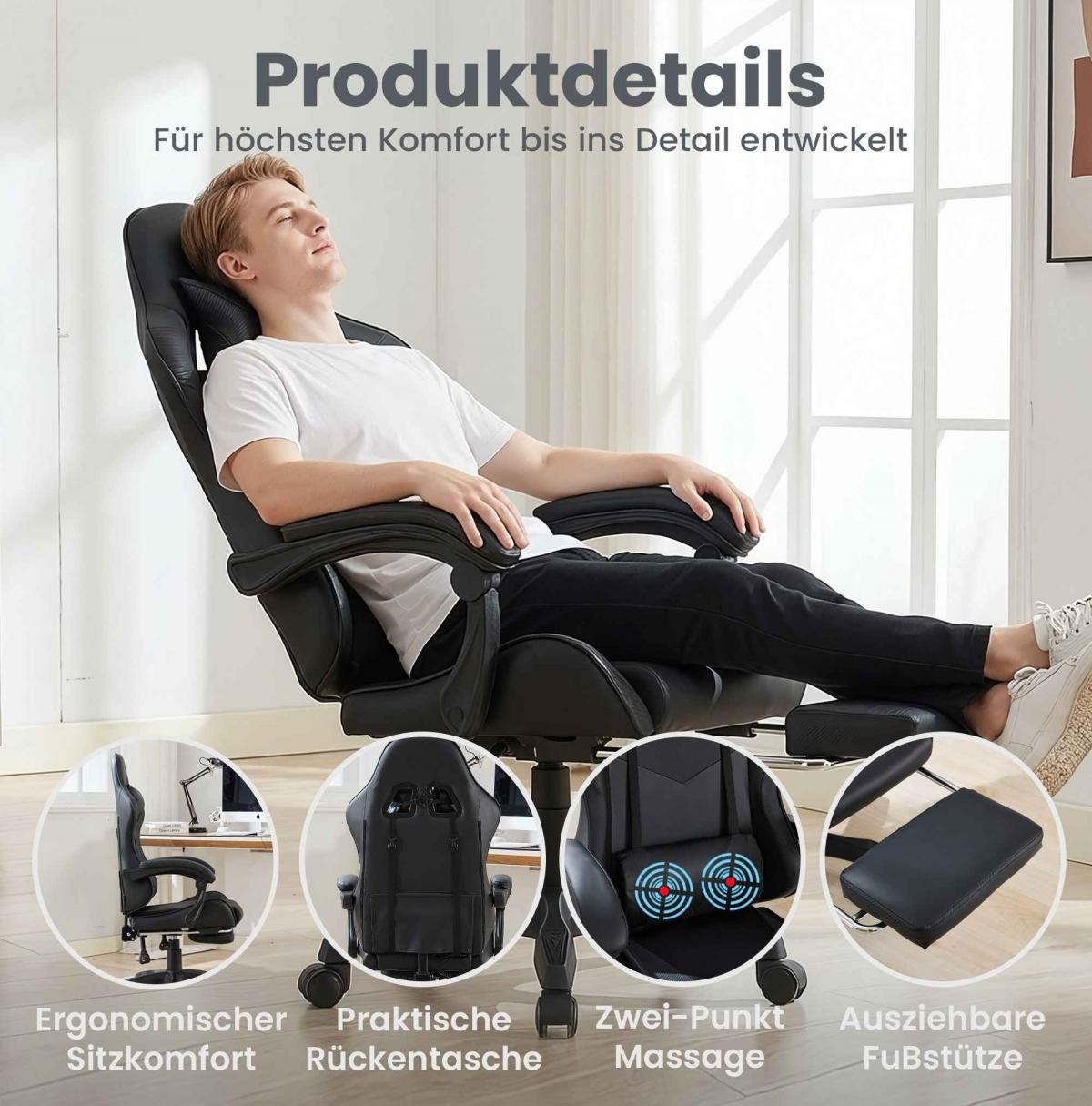 Ein Mann entspannt in einem schwarzen Bürostuhl mit ausziehbarer Fußstütze und Massagefunktion.