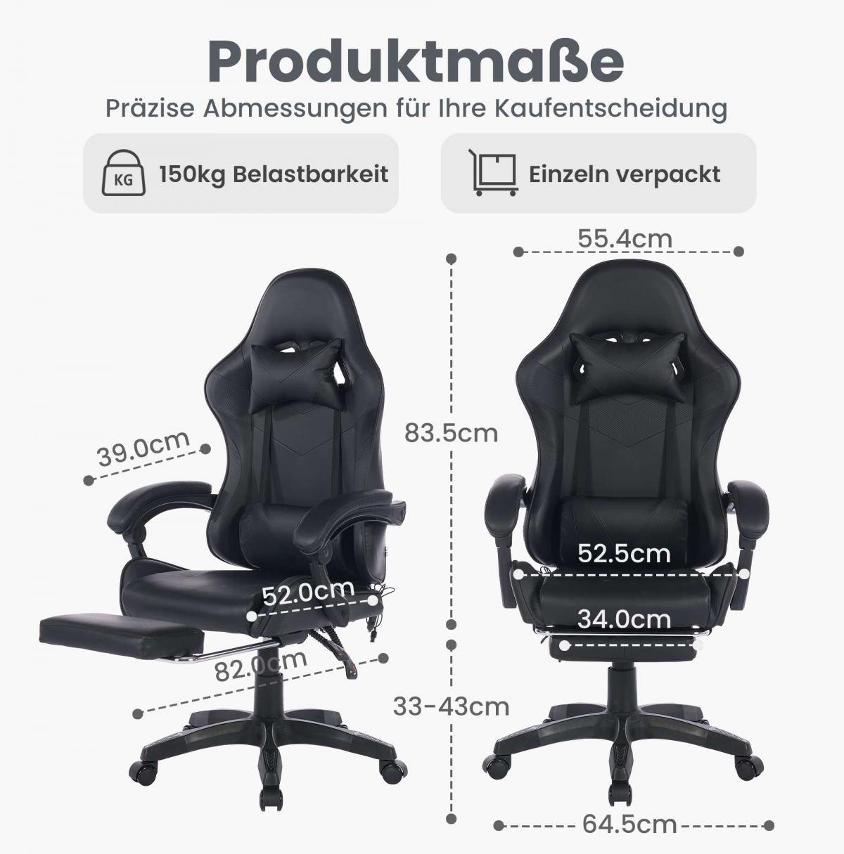 Zwei schwarze Gaming-Stühle mit Maßen: 150kg Traglast, 83.5cm Höhe.