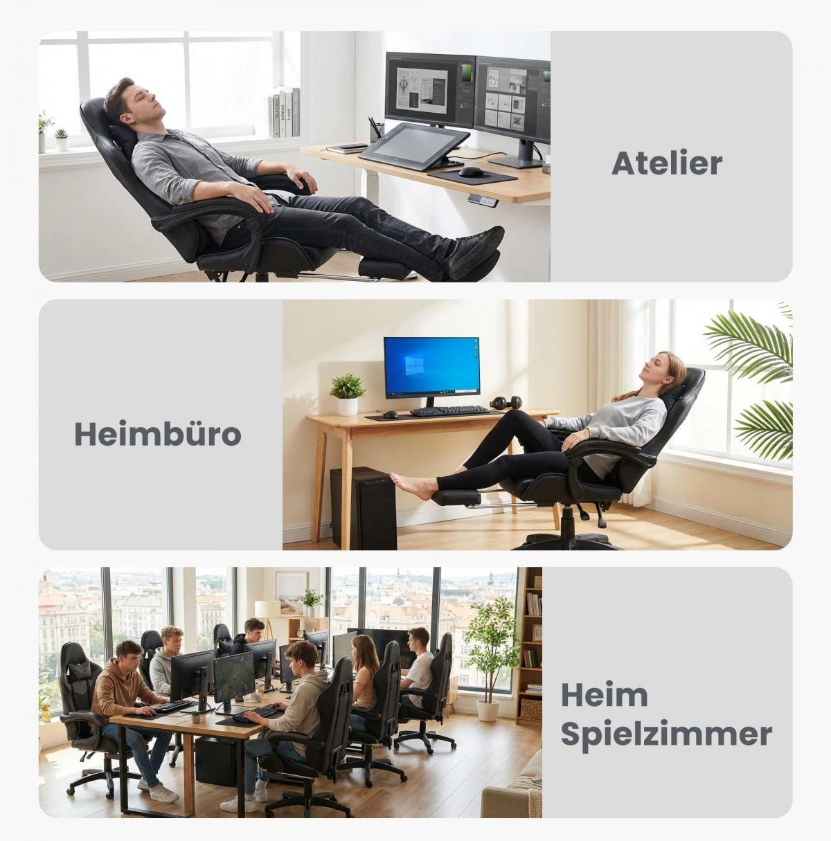 Drei Szenen: Mann entspannt im Atelier, Frau im Heimbüro, Gruppe im Heim-Spielzimmer.