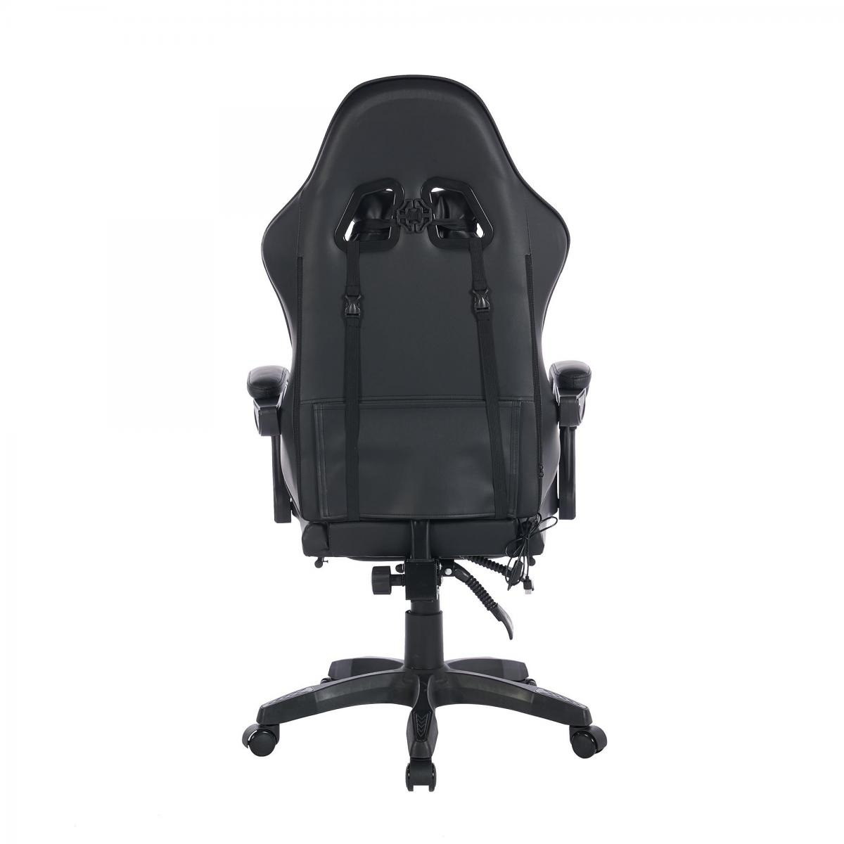 Rückansicht eines schwarzen Gaming-Stuhls mit Rädern und verstellbaren Gurten.