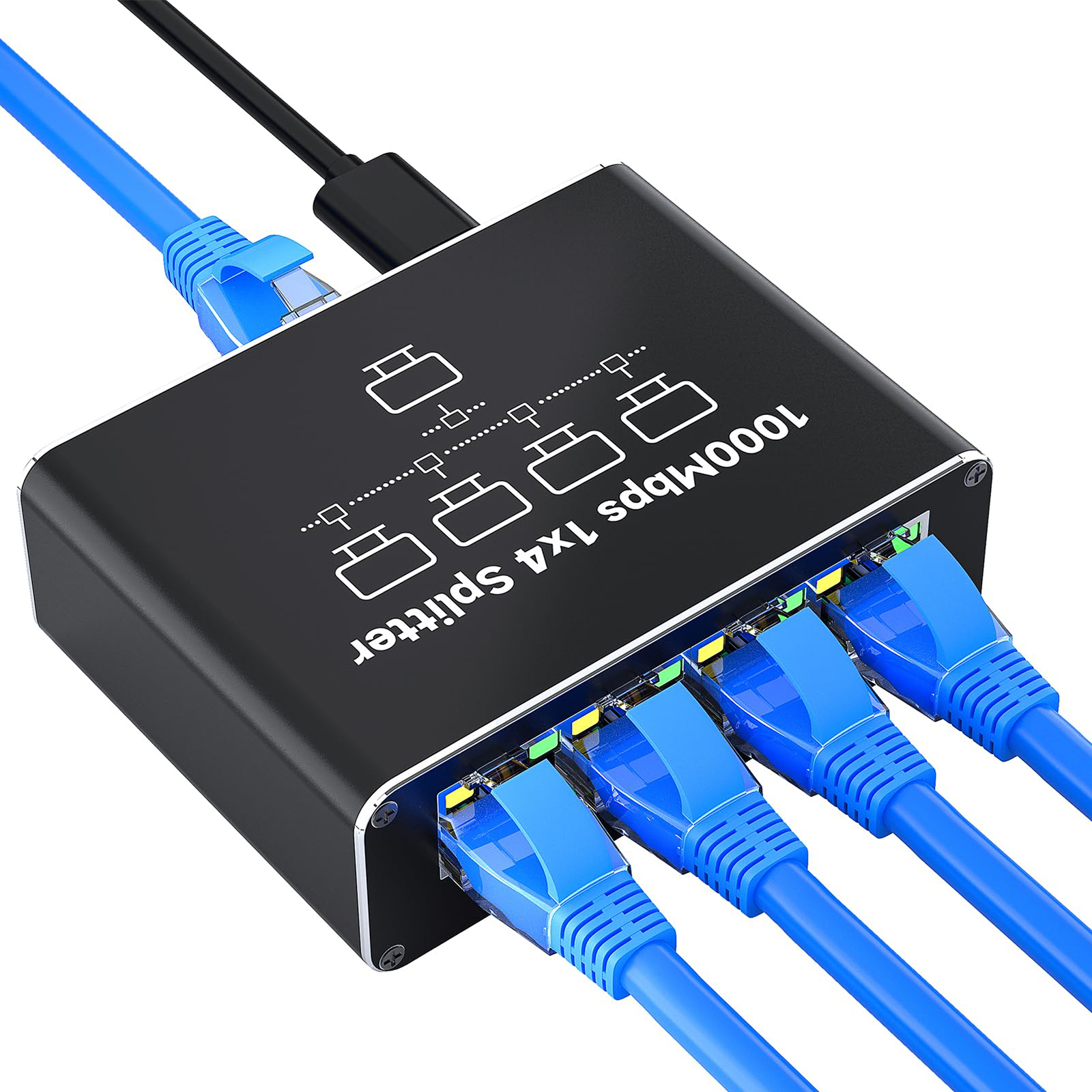 Schwarzer 1000Mbps 1x4 Splitter mit blauen Ethernet-Kabeln, die eingesteckt sind.