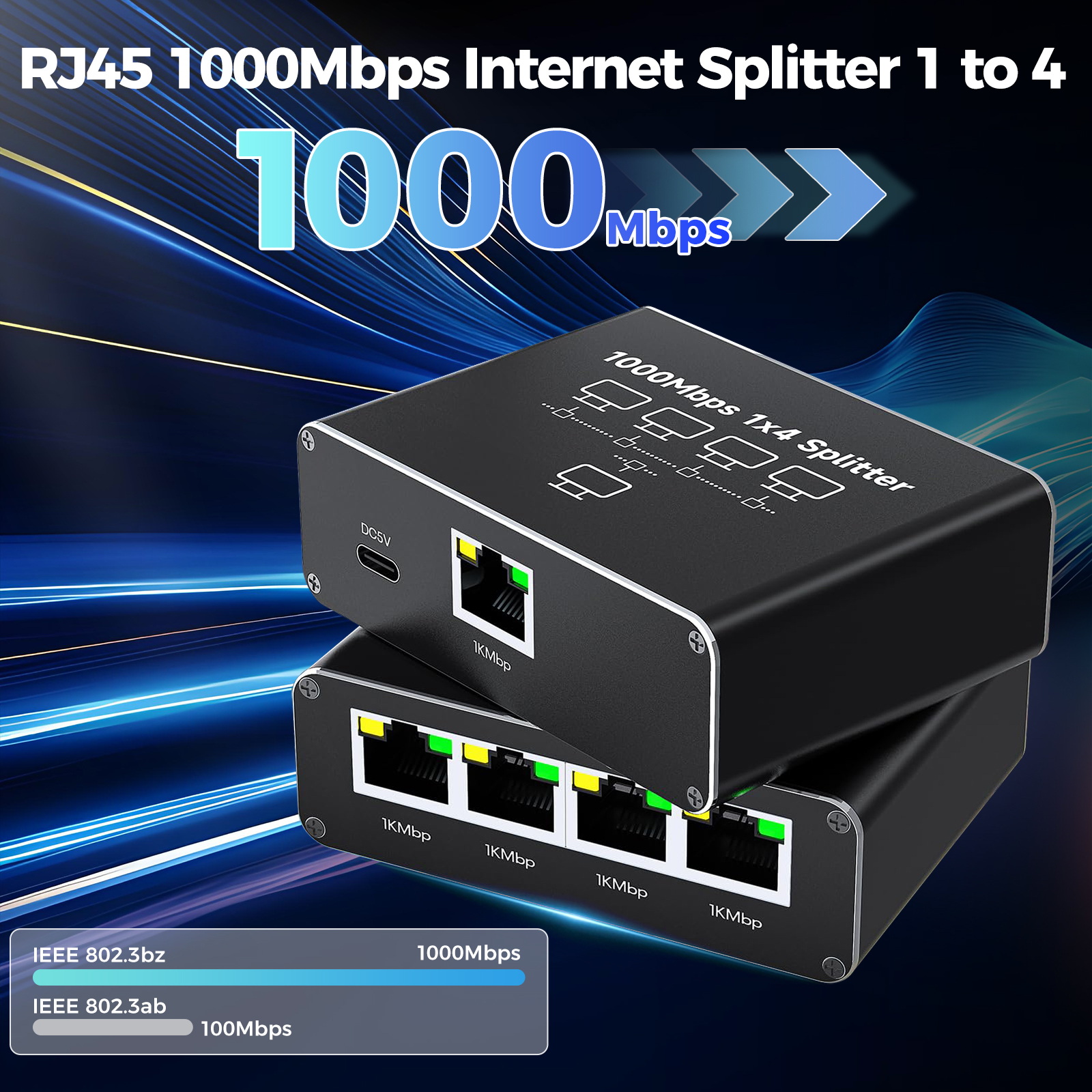 Zwei schwarze 1000-Mbit/s-RJ45-Splitter, einer 1x4, mit Ports und Kabeln.