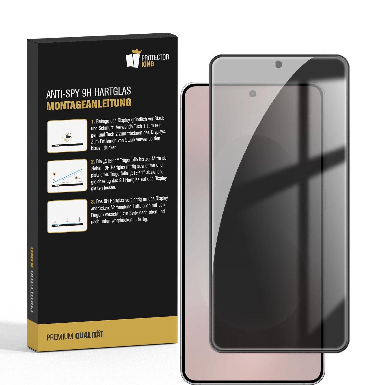 Verpackung mit Anleitung für 9H Panzerglas und daneben das Panzerglas auf einem Smartphone.