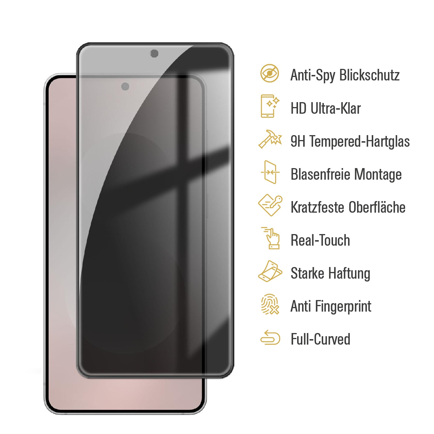 Drei Schutzfolien für Smartphones mit deutschen Beschriftungen auf der rechten Seite.