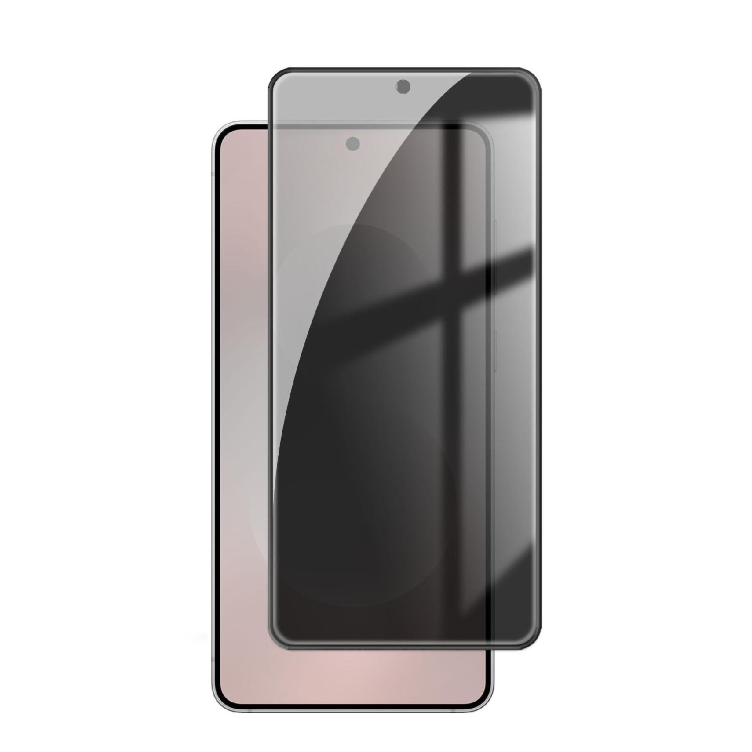 Ein schwarzer Sichtschutzfilter liegt auf einem hellrosa Smartphone.
