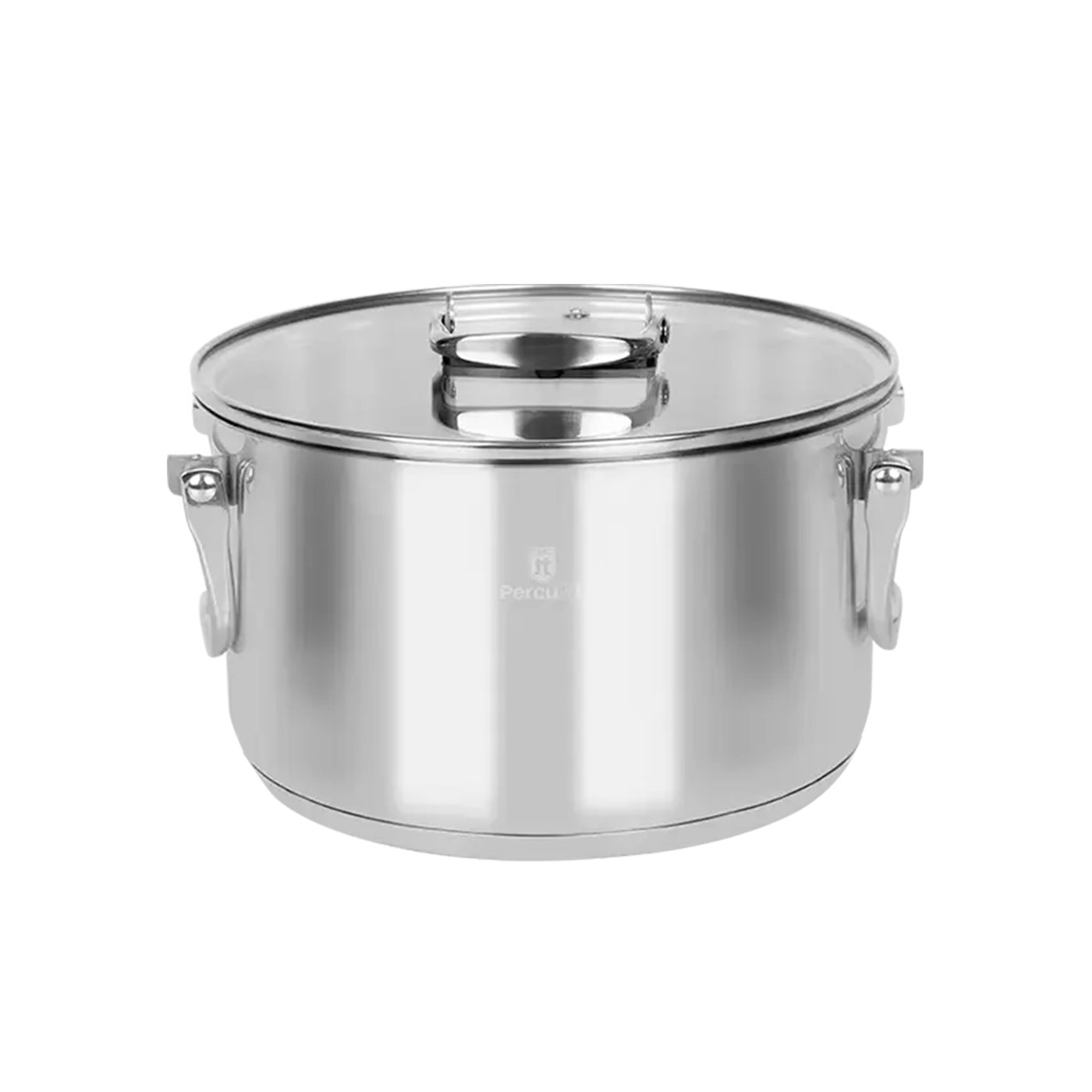 Una olla brillante de acero inoxidable con tapa de cristal y dos asas.
